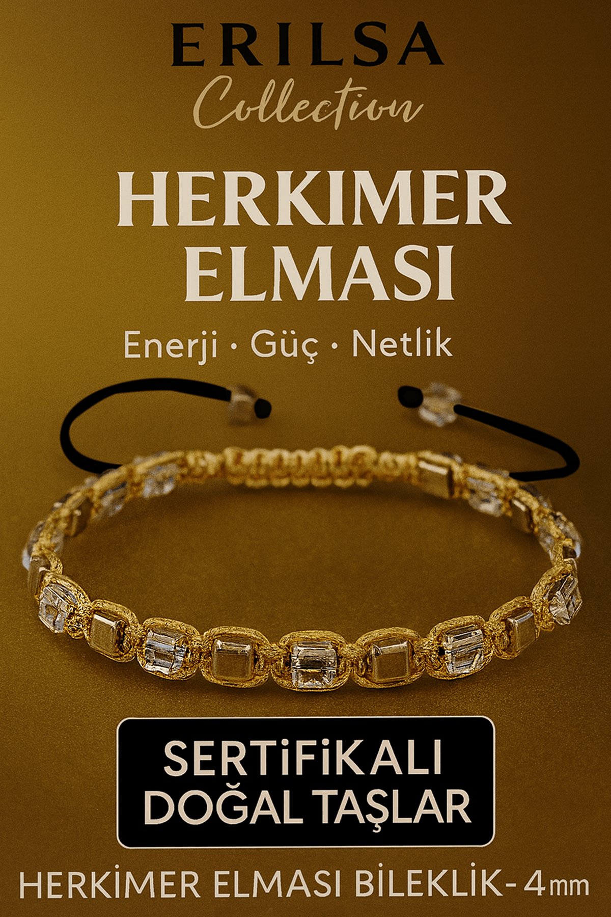 Sertifikalı Doğal Terahertz - Herkimer Elması Taşı Bileklik 4x4 mm - Arınma ve Işık Taşı