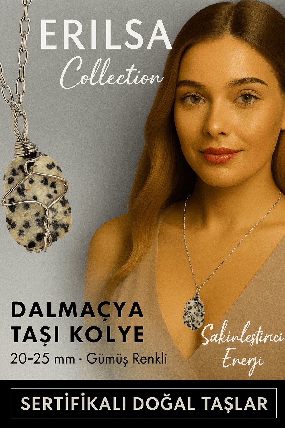 Sertifikalı Gümüş Tel Sargılı Doğal Dalmaçya Jasper Taşı Kolye – 25-30 mm Neşe ve Denge Taşı