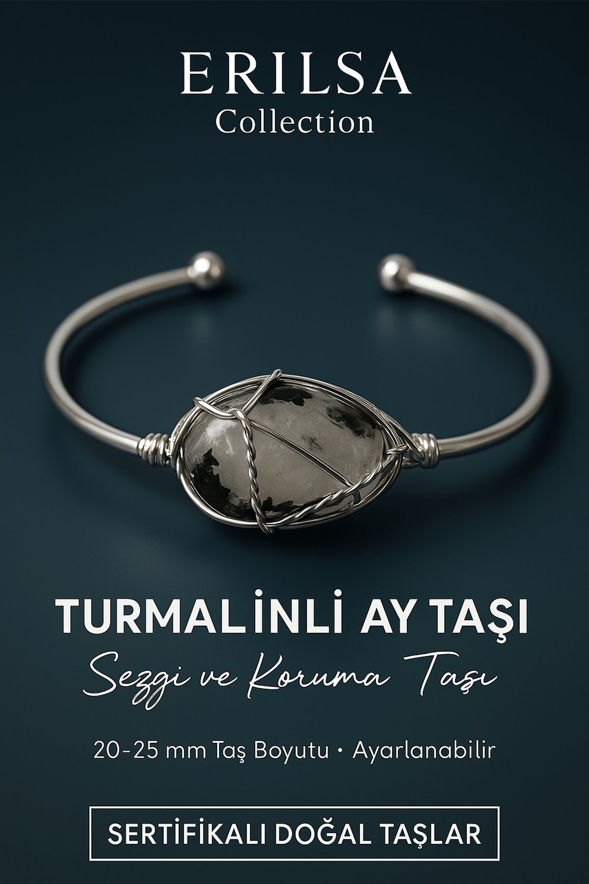 Sertifikalı Doğal Turmalinli Ay Taşı Gümüş Kaplama Ayarlanabilir Bileklik – Sezgi ve Denge