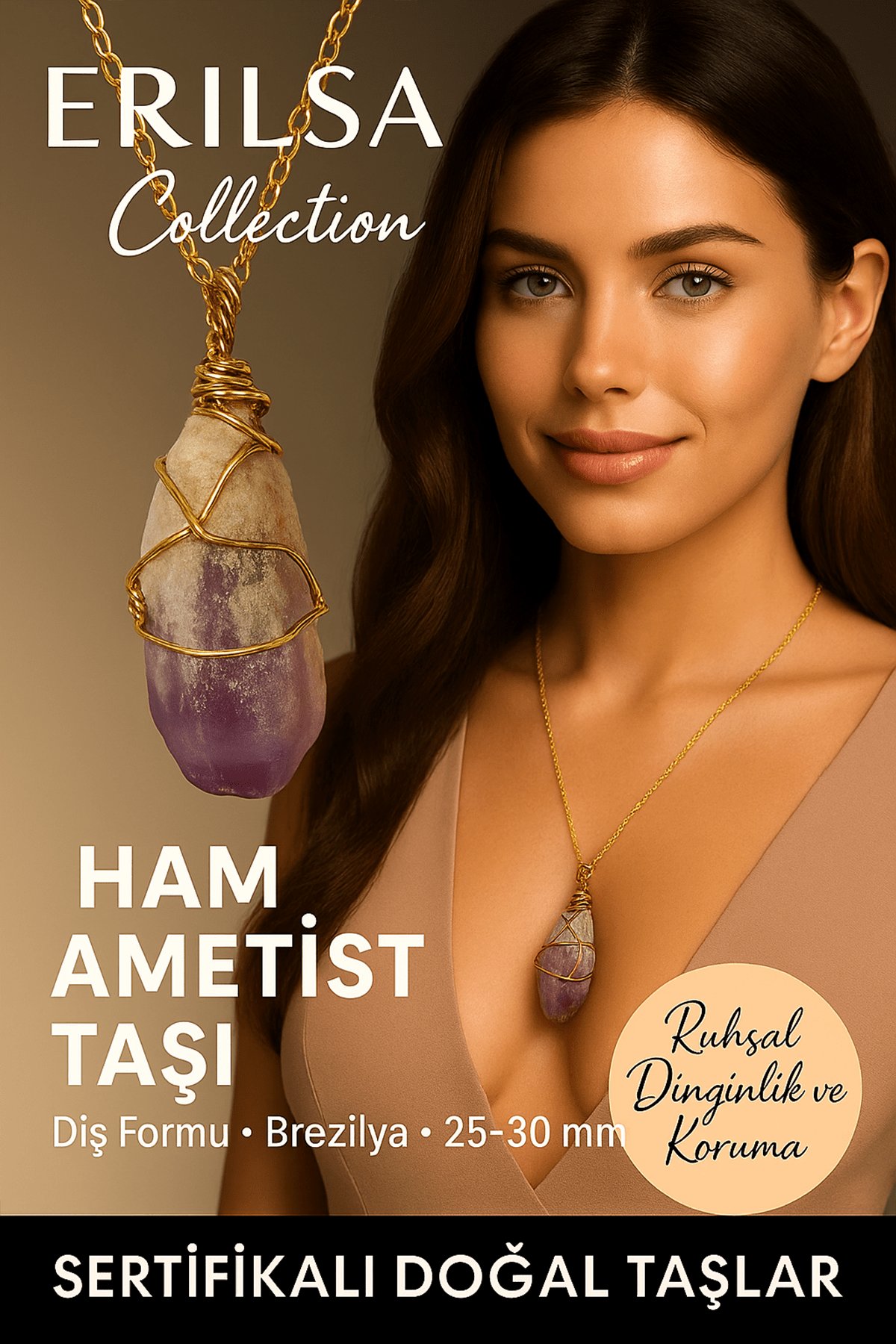 Sertifikalı Gold Renkli Doğal Ham Ametist Taşı Kolye – Ruhsal Dinginlik ve Koruma Taşı