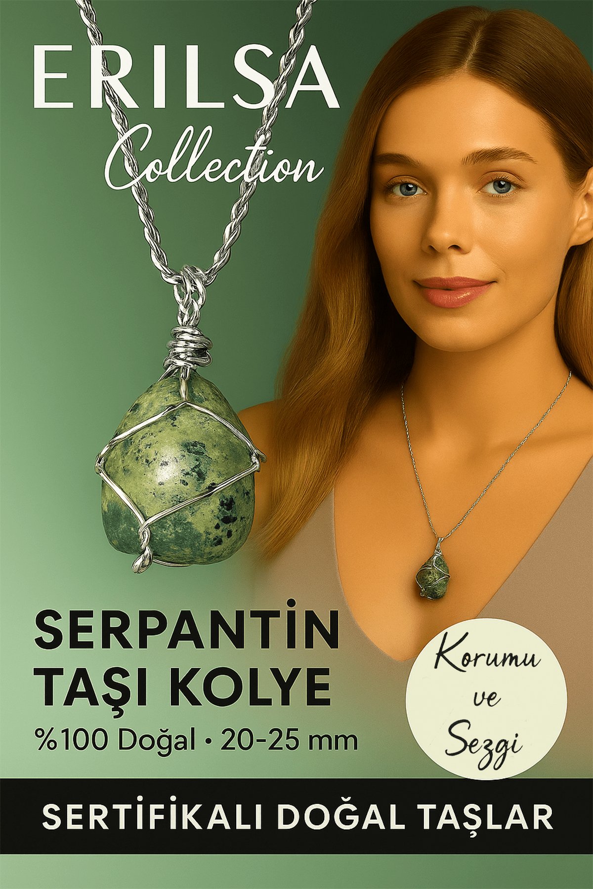 Sertifikalı Gümüş Tel Sargılı Serpantin Yılan Taşı Kolye – 20-25 mm Denge ve Arınma Taşı