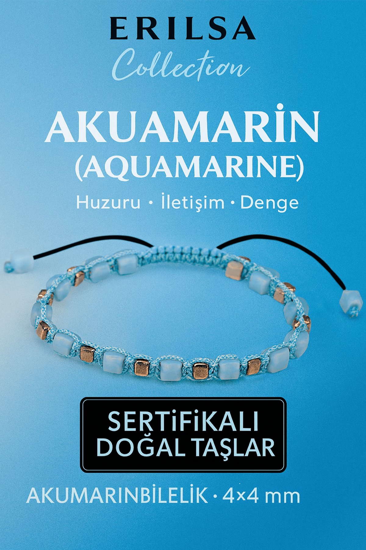 Sertifikalı Doğal Terahertz - Akuamarin Taşı Bileklik 4x4 mm - Huzur ve Dinginlik Taşı