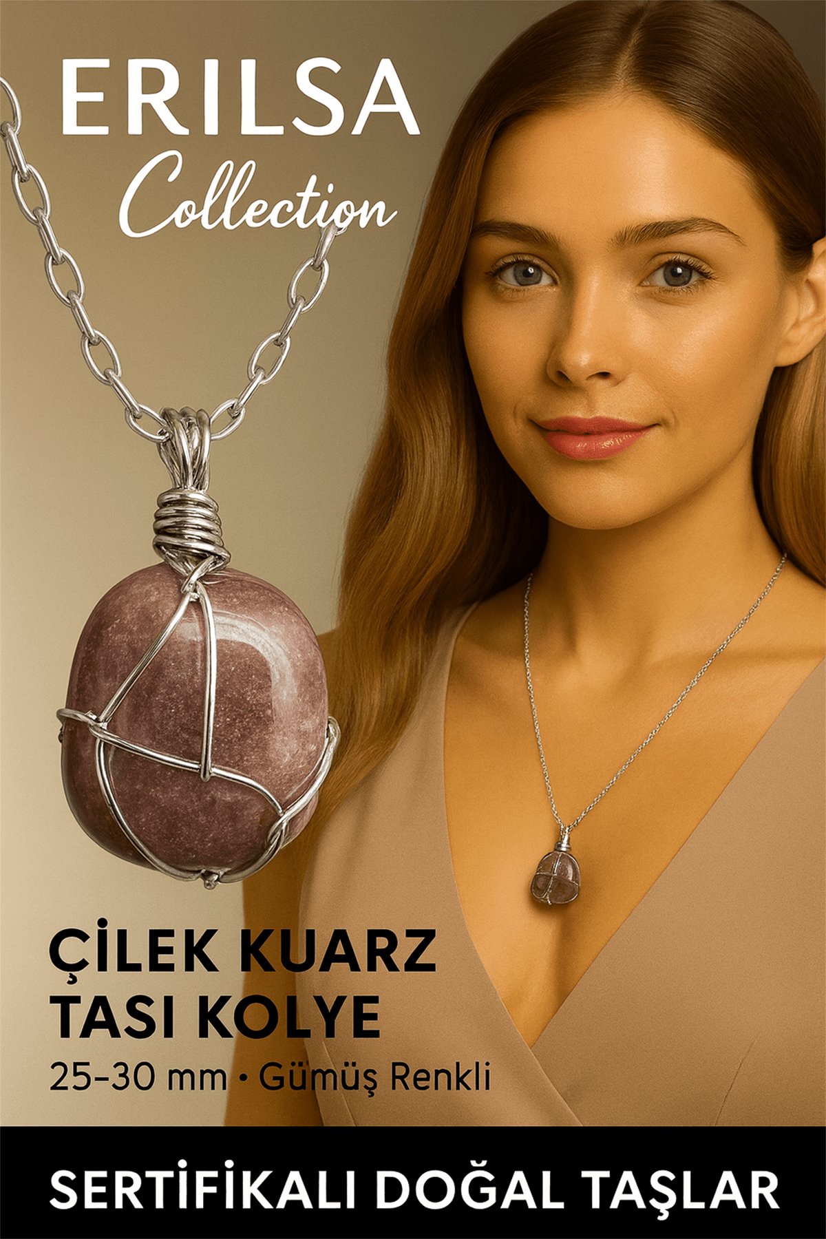 Sertifikalı Gümüş Tel Sargılı Doğal Çilek Kuvars Taşı Kolye – 25-30 mm Sevgi ve Pozitif Enerji Taşı