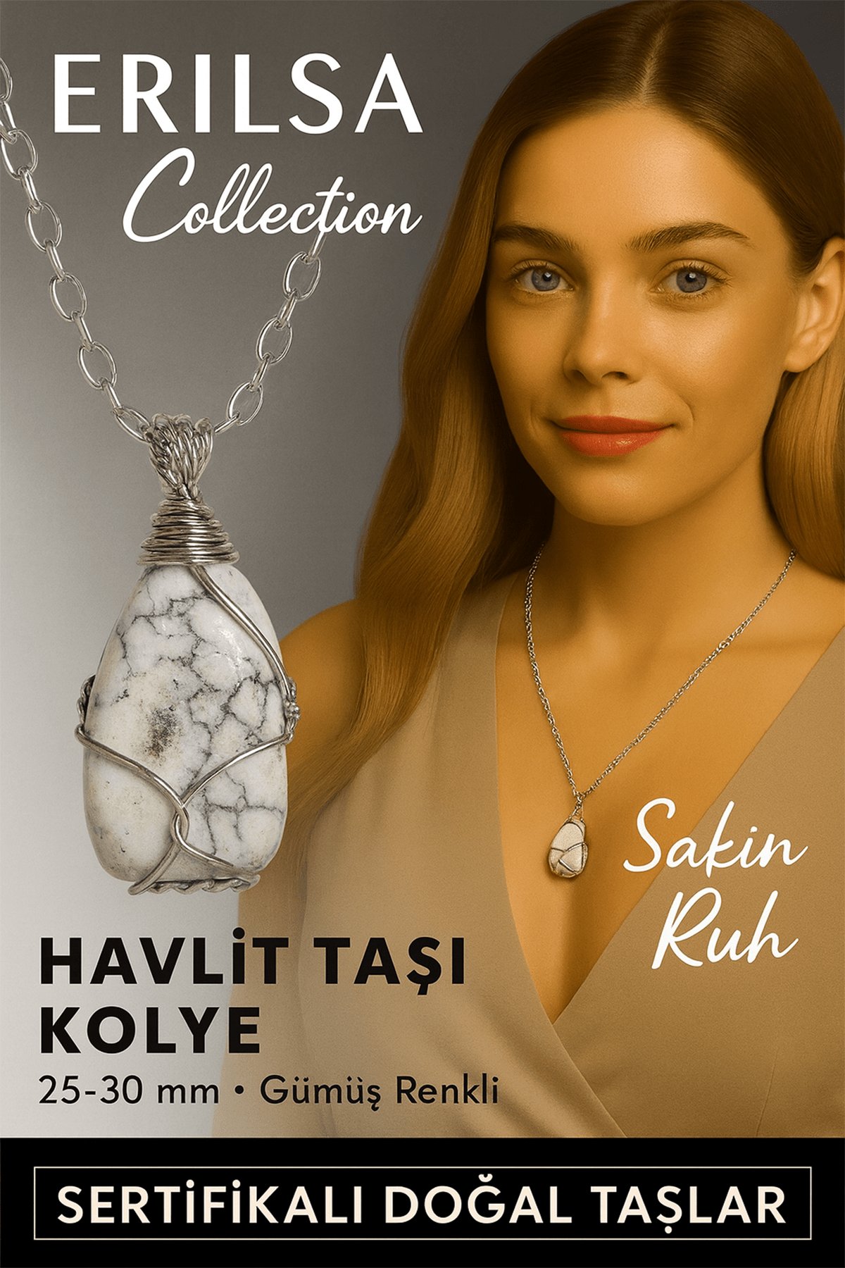 Sertifikalı Gümüş Tel Sargılı Doğal Havlit Taşı Kolye – 25-30 mm Huzur ve Bilgelik Taşı
