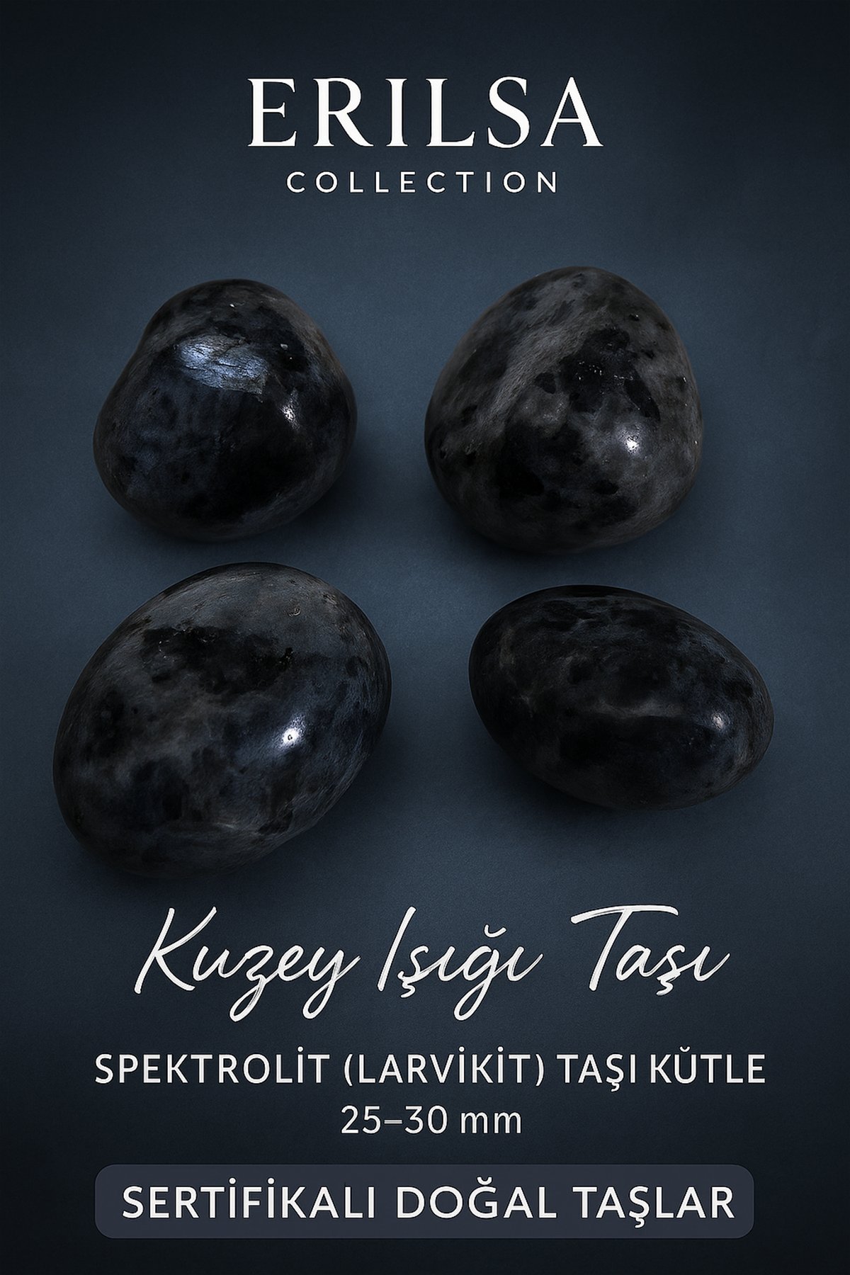 Sertifikalı Doğal Spektrolit (Larvikit) Taşı Kütle 25-30 mm – Kuzey Işığı ve Koruma Taşı