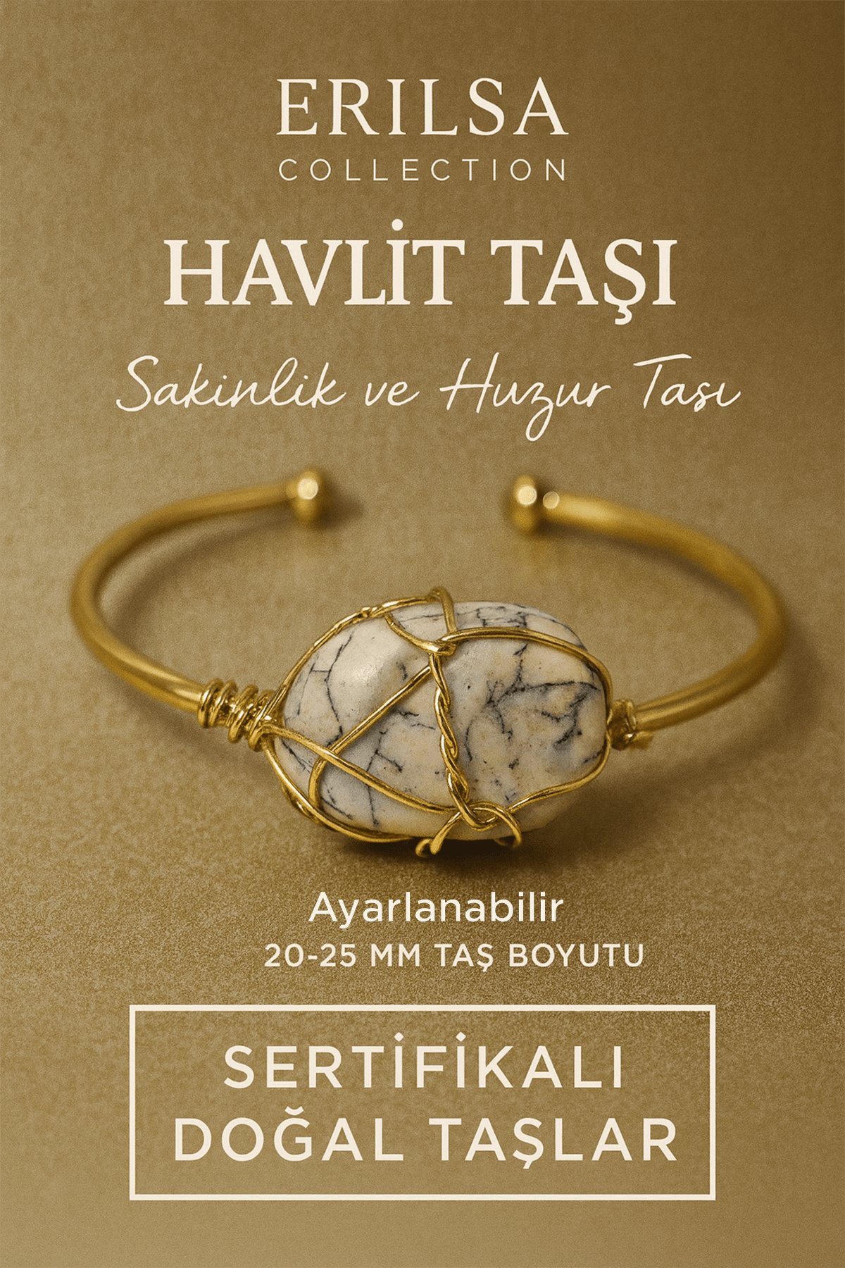 Sertifikalı Doğal Havlit Taşı Ayarlanabilir 24K Altın Kaplama Bileklik 20-25 mm