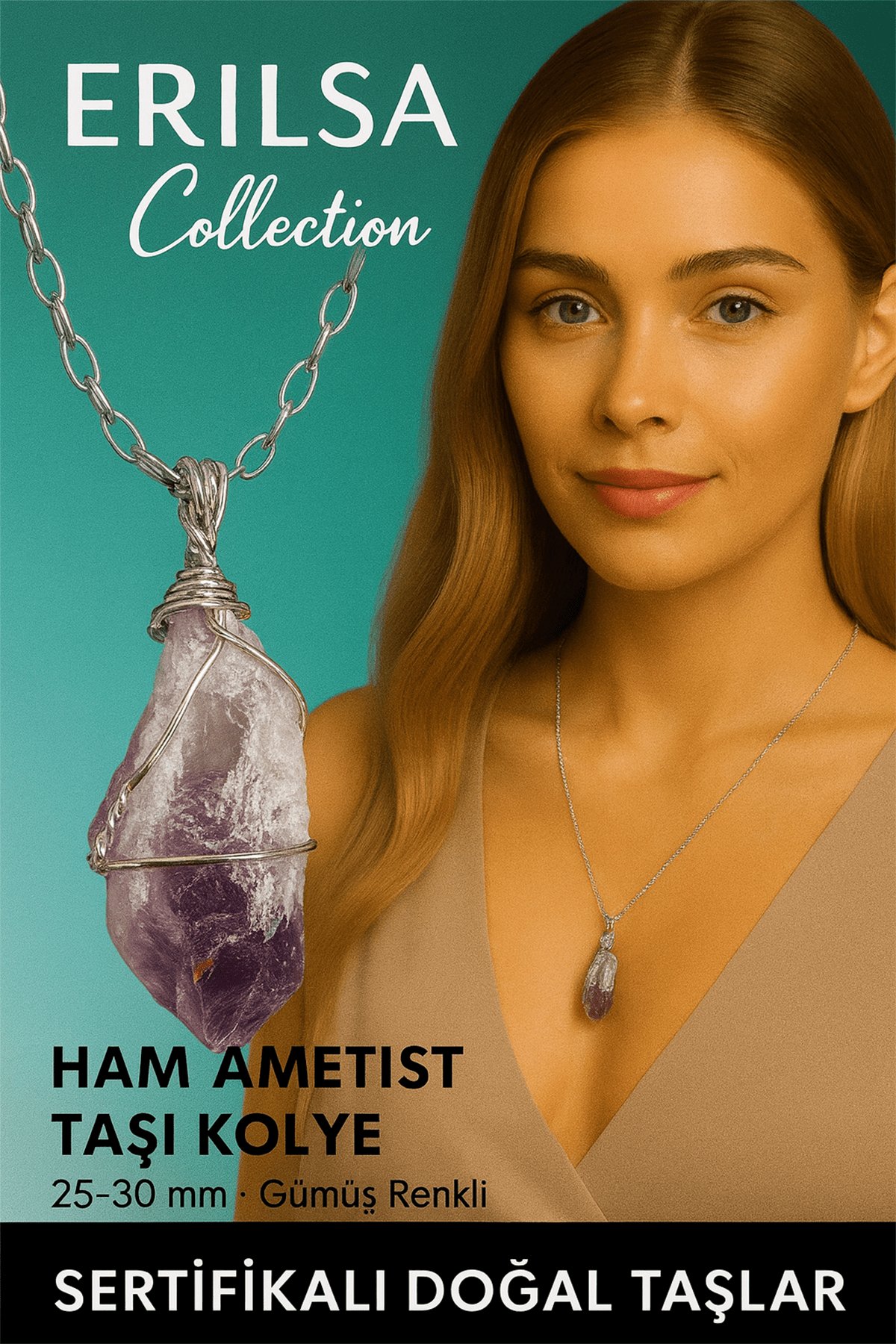 Sertifikalı Gümüş Tel Sargılı Brezilya Ametist Diş Taşı Kolye – 25-30 mm Sezgi ve Huzur Taşı