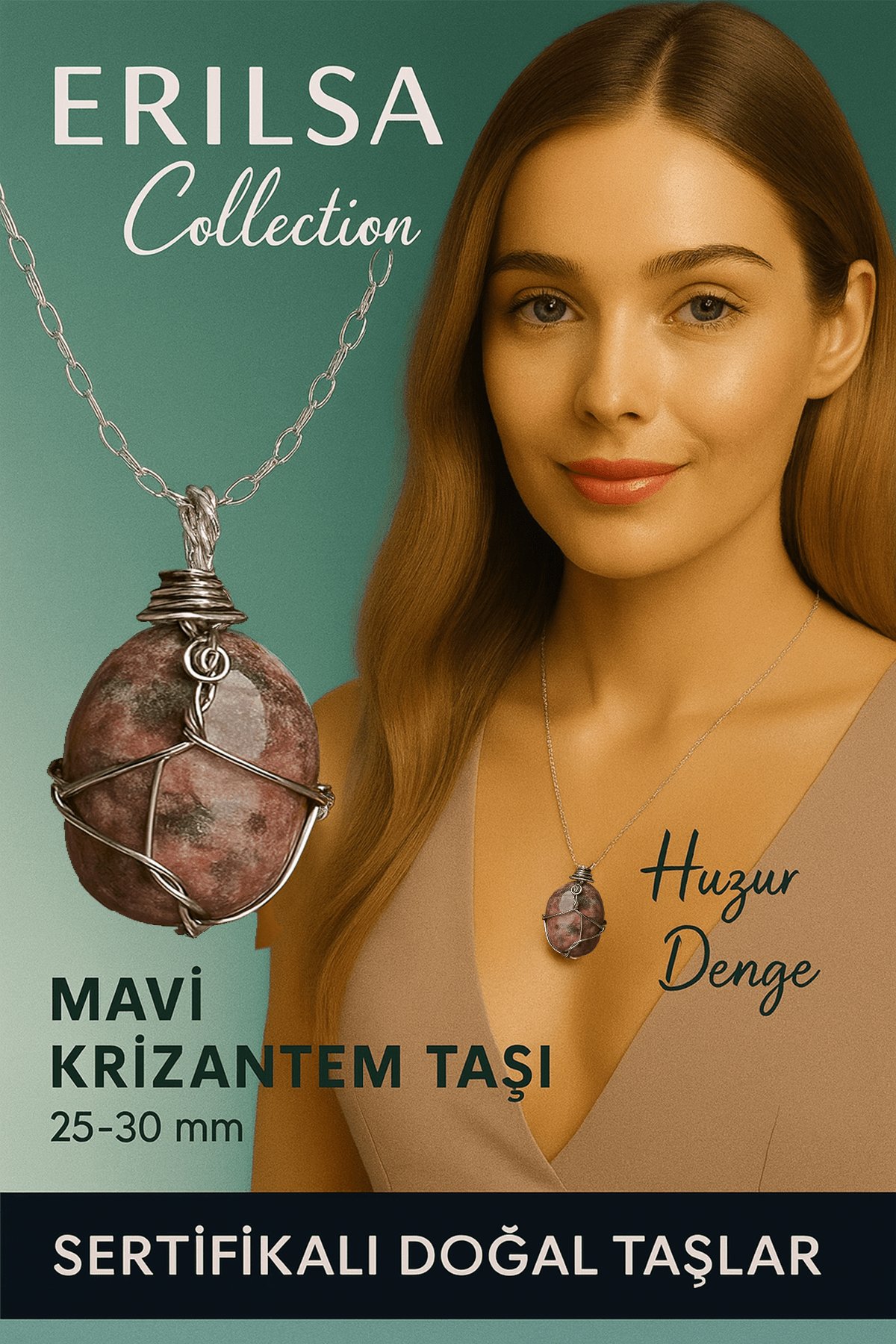 Sertifikalı Gümüş Tel Sargılı Doğal Mavi Krizantem Taşı Kolye – 20-25 mm Huzur ve Farkındalık Taşı