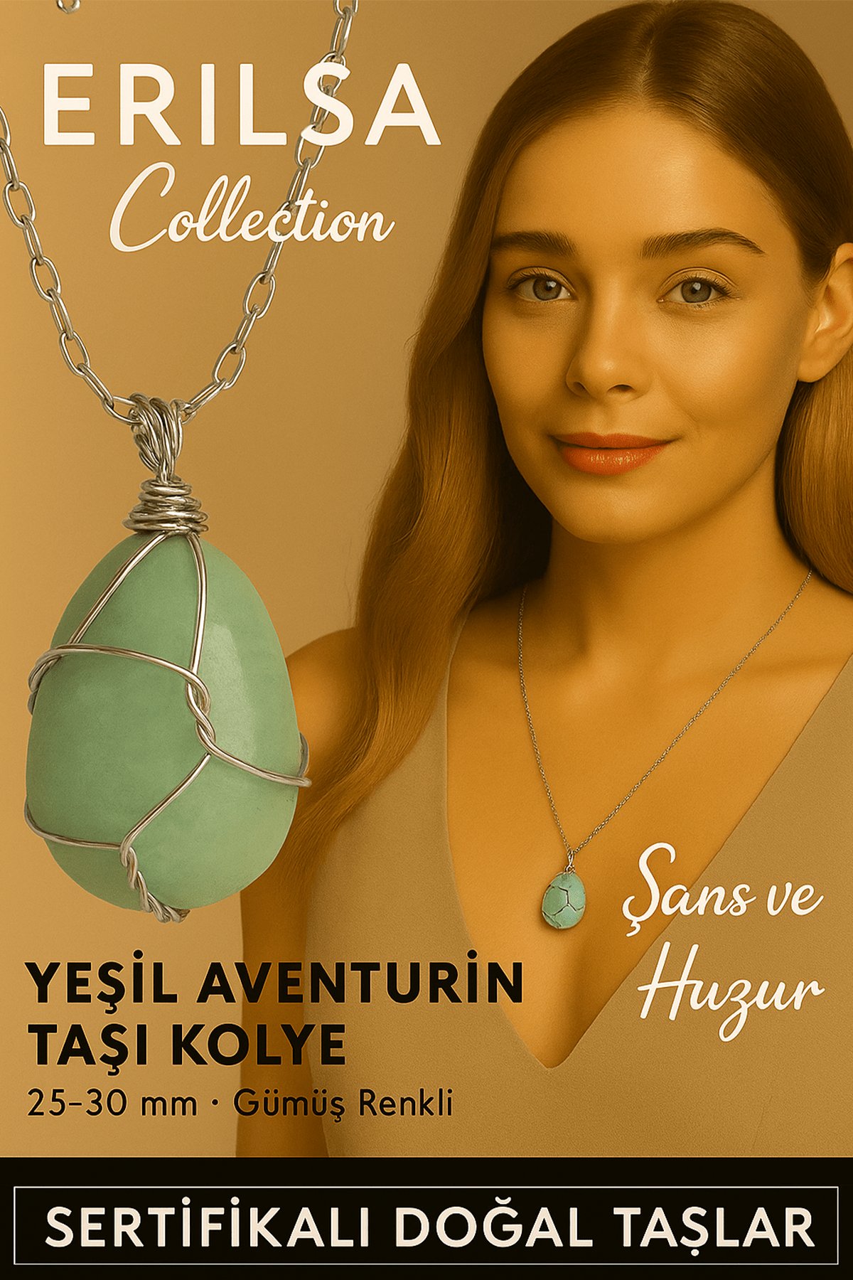 Sertifikalı Gümüş Tel Sargılı Doğal Aventurin Taşı Kolye – 25-30 mm Şans ve Denge Taşı