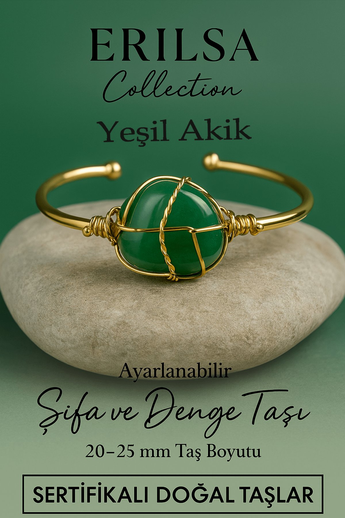 Sertifikalı Doğal Yeşil Akik Taşı Ayarlanabilir 24K Altın Kaplama Bileklik 20-25 mm