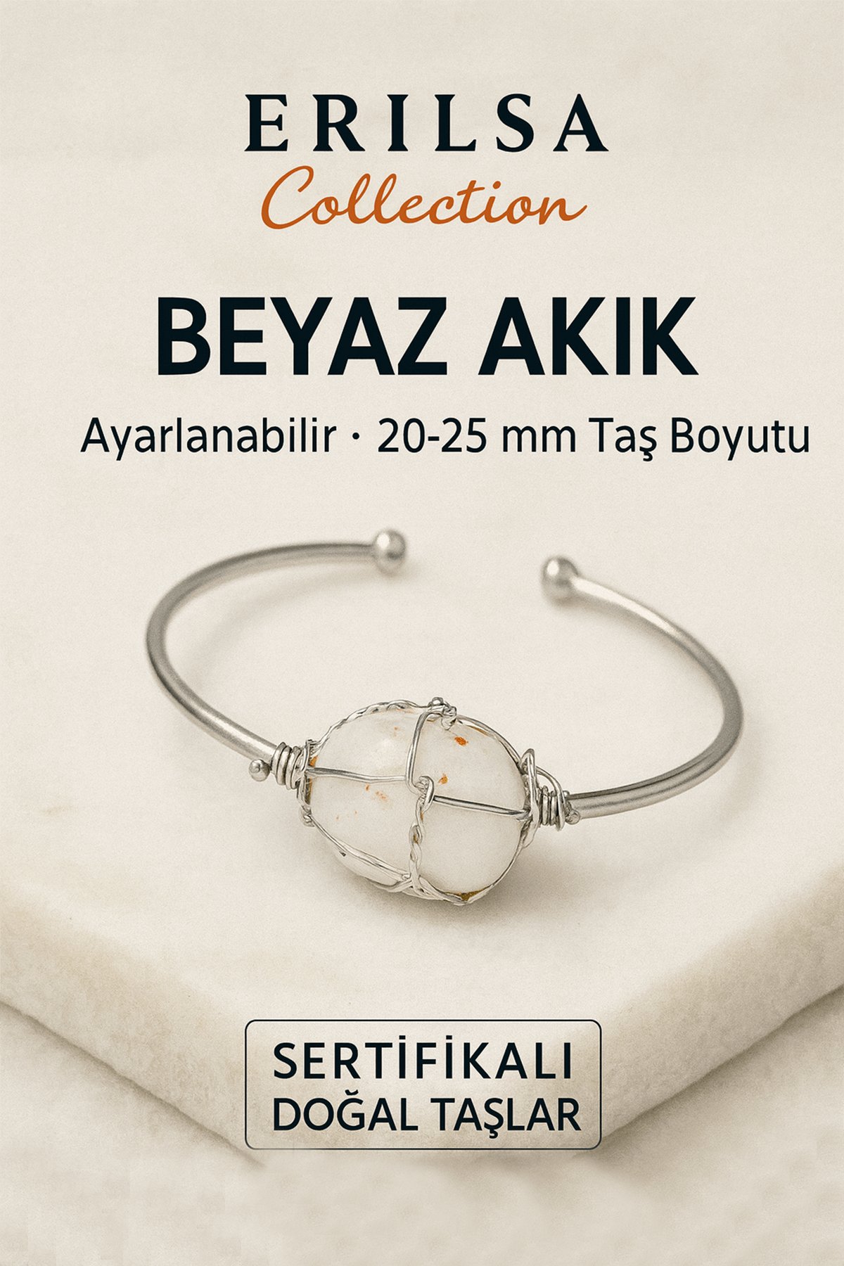 Sertifikalı Doğal Beyaz Akik Taşı Gümüş Kaplama Ayarlanabilir Bileklik – Saflık ve Denge