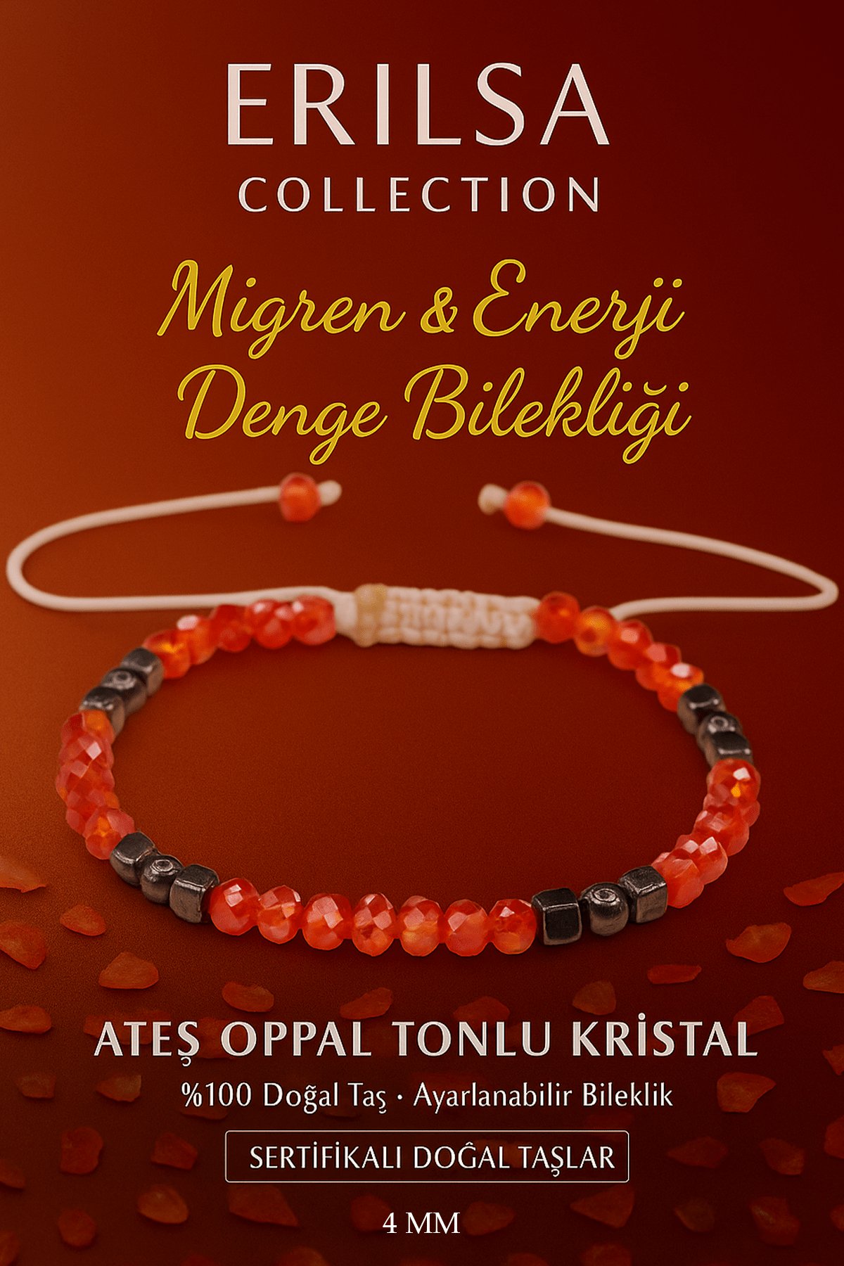 Sertifikalı Migren ve Enerji Denge Bilekliği – Ateş Opal Tonlu Kristal Terahertz İnce Model