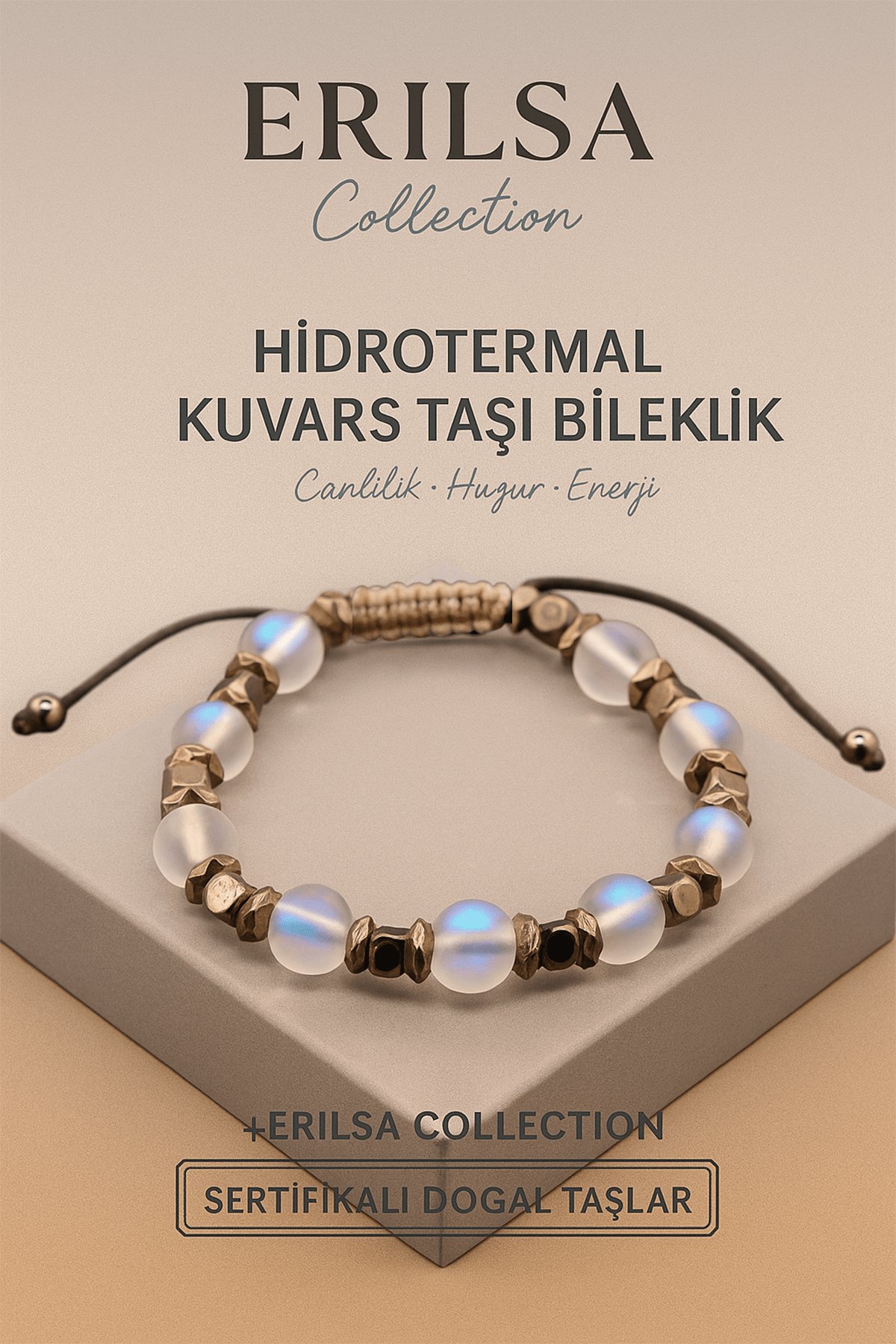 Sertifikalı Hidrotermal Kuvars Doğal Taş Bileklik - 8x8 mm Canlılık Huzur ve Enerji Taşı