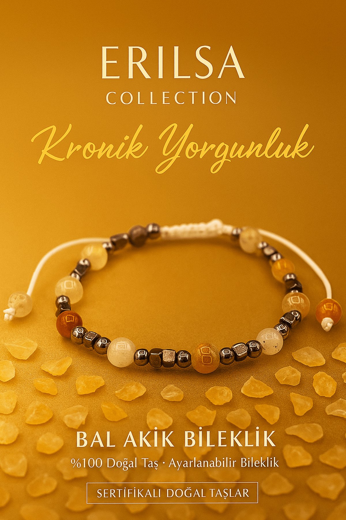 Sertifikalı Kronik Yorgunluk Stres Destek Bilekliği - Bal Akik ve Terahertz Doğal Yaşam Gücü Taşı