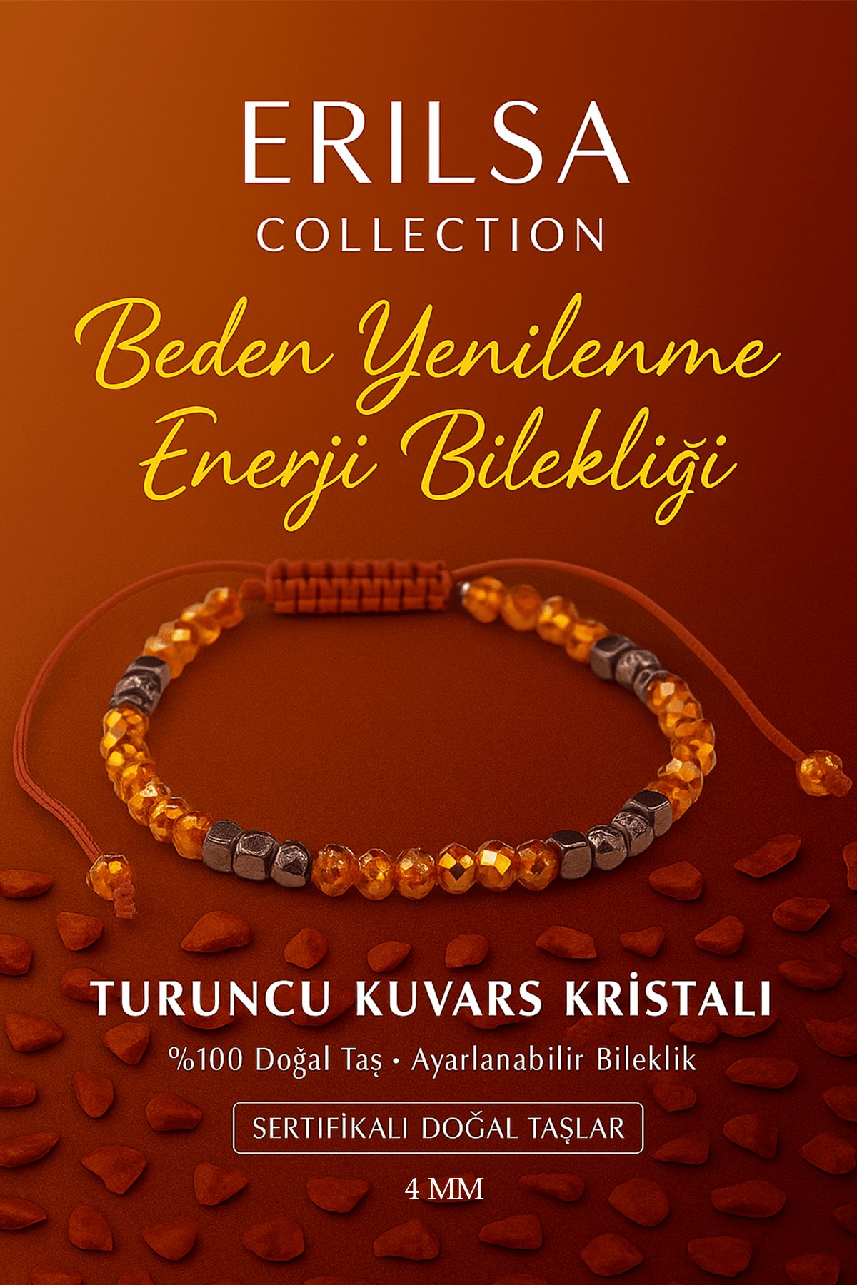 Sertifikalı Beden Yenilenmesi ve Enerji Artışı Bilekliği -  Turuncu Kuvars Kristali Doğal Taş 4mm