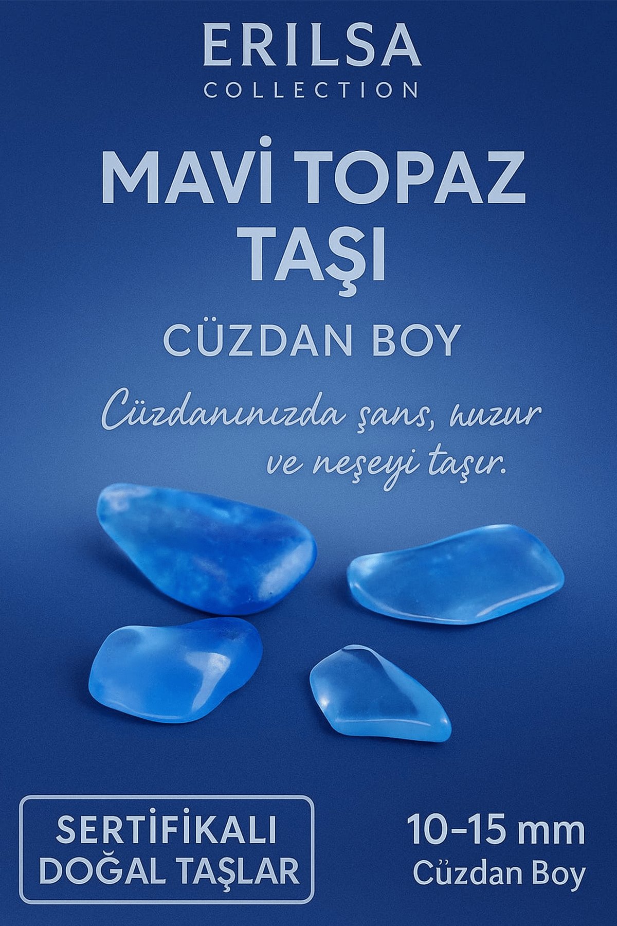 Sertifikalı Mavi Topaz Taşı Kütle 10-15 mm Cüzdan Boy – Şans Neşe ve Huzur Taşı
