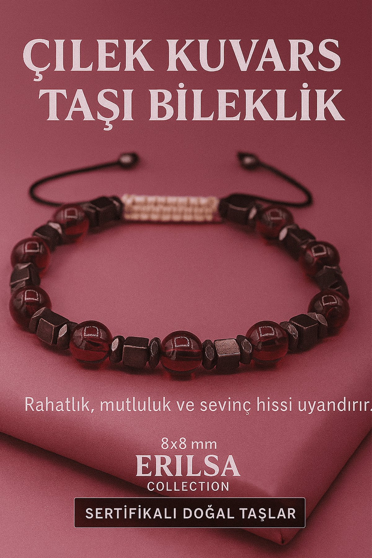 Sertifikalı Çilek Kuvars Doğal Taş Bileklik - 8x8 mm Sevgi Şefkat Umut ve Sevinç Enerjisi Taşı