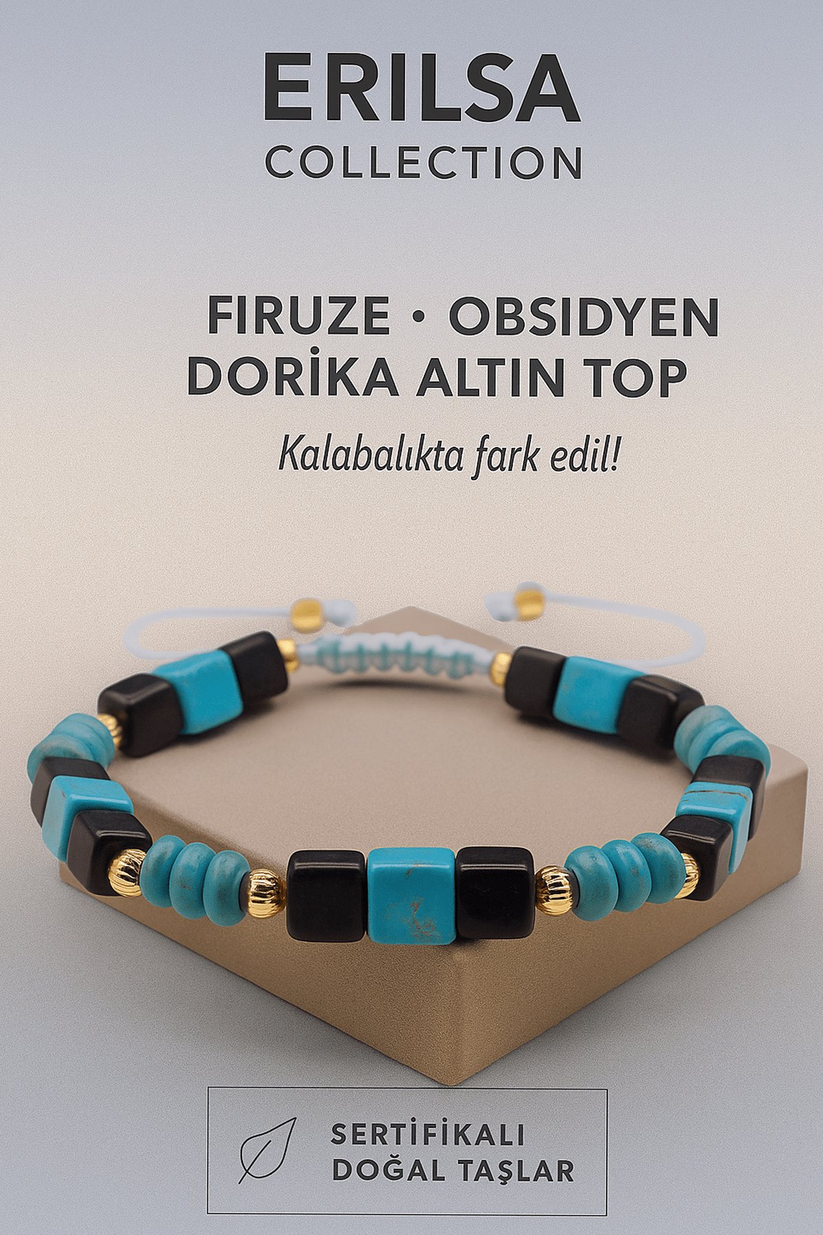 Sertifikalı Obsidyen Dorika Firuze Taşı Bileklik – Kalabalıkta Fark Edil, Enerjini Kor