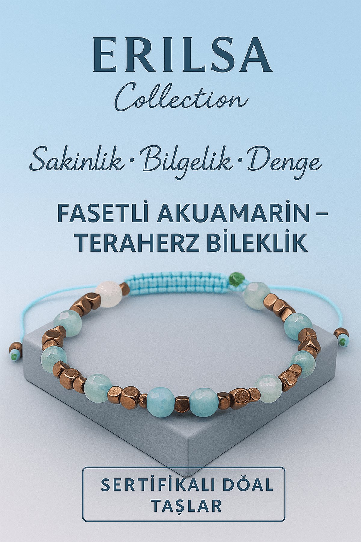 Sertifikalı Fasetli Terahertz Akuamarin Taşı Bileklik – Sakinlik, Bilgelik ve Denge Taşı