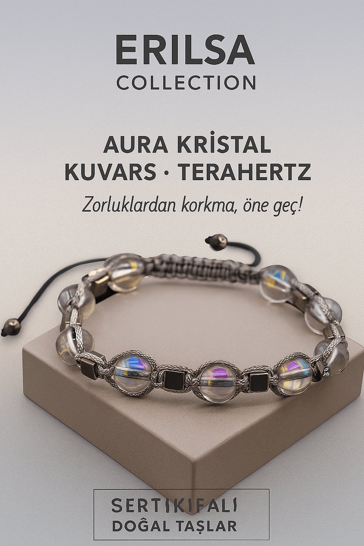 Sertifikalı Terahertz Aura Kristal Kuvars Taşı Bileklik – Zorluklardan Korkma, Güçlen ve Öne Geç