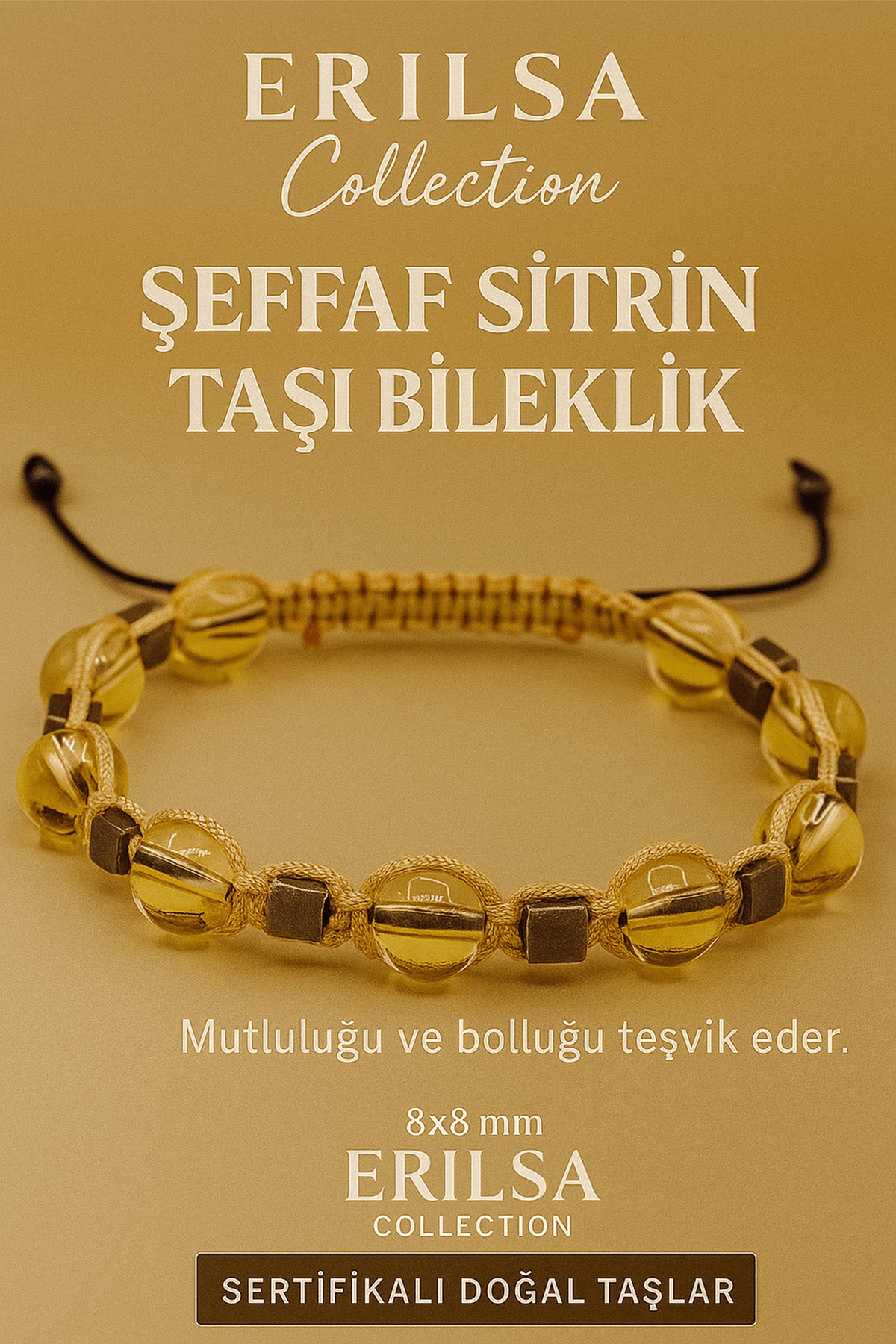 Sertifikalı Şeffaf Sitrin Doğal Taş Bileklik - 8x8 mm Bereket Bolluk Mutluluk Enerjisi Taşı