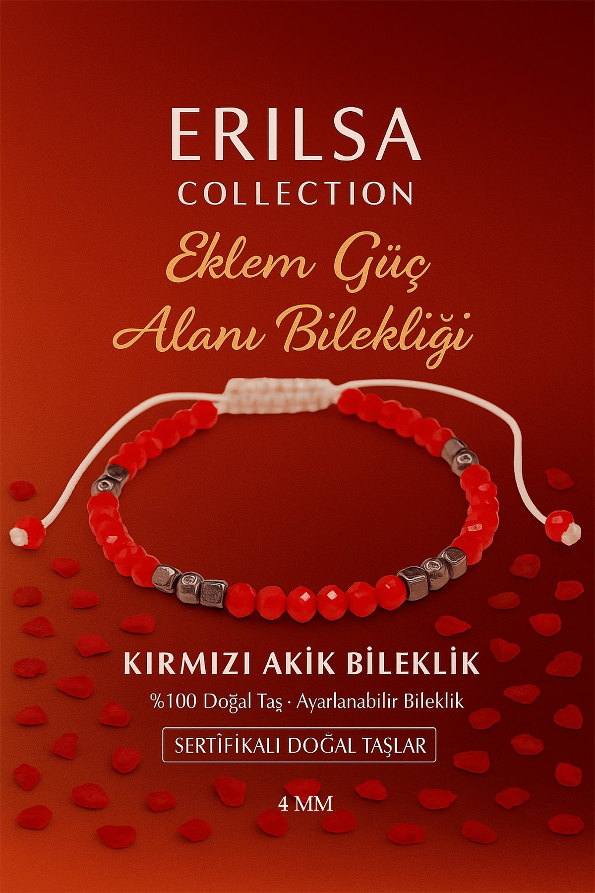 Sertifikalı Eklem Güç Alanı Bilekliği - Kırmızı Akik Terahertz Doğal Taş 4 mm