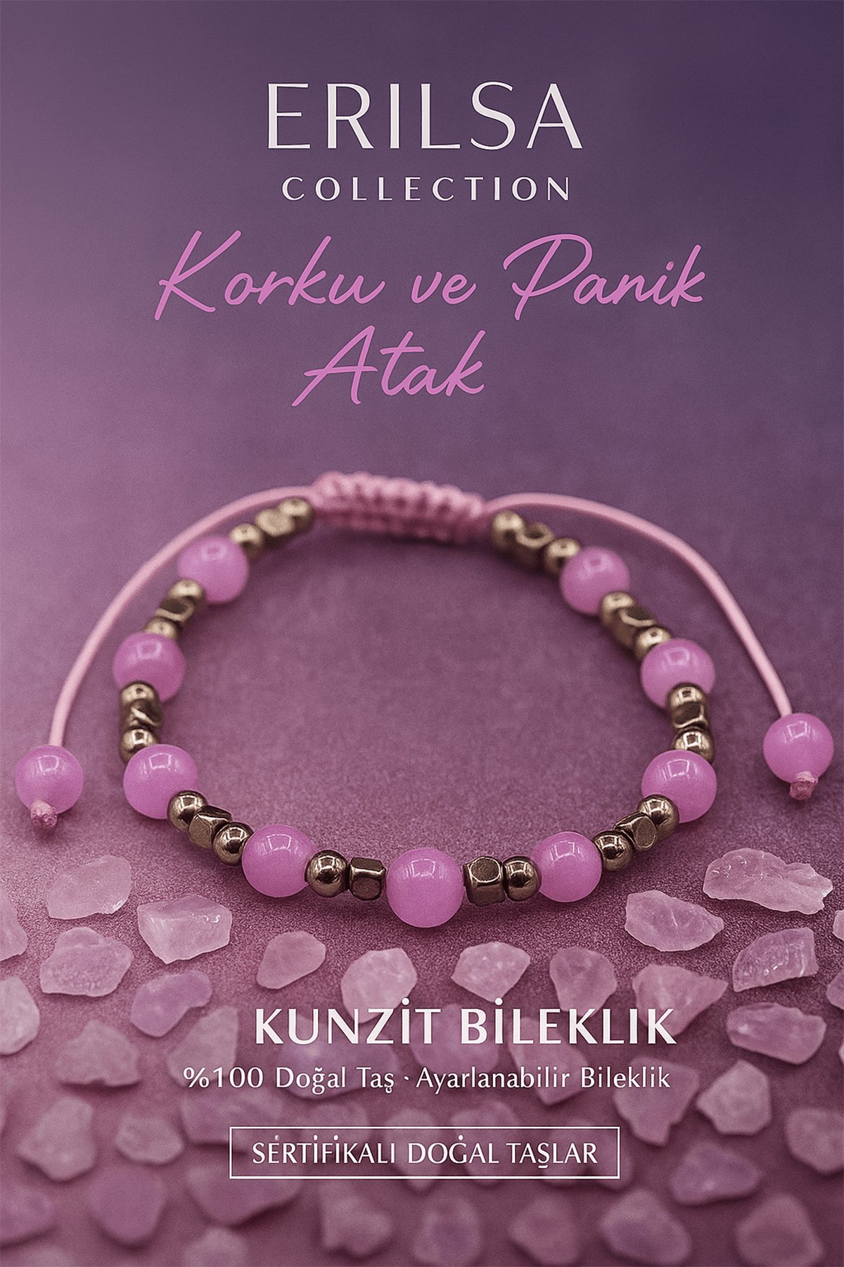 Sertifikalı Anksiyete Korku ve Panik Atak Bilekliği – Kunzit ve Terahertz– 6 mm