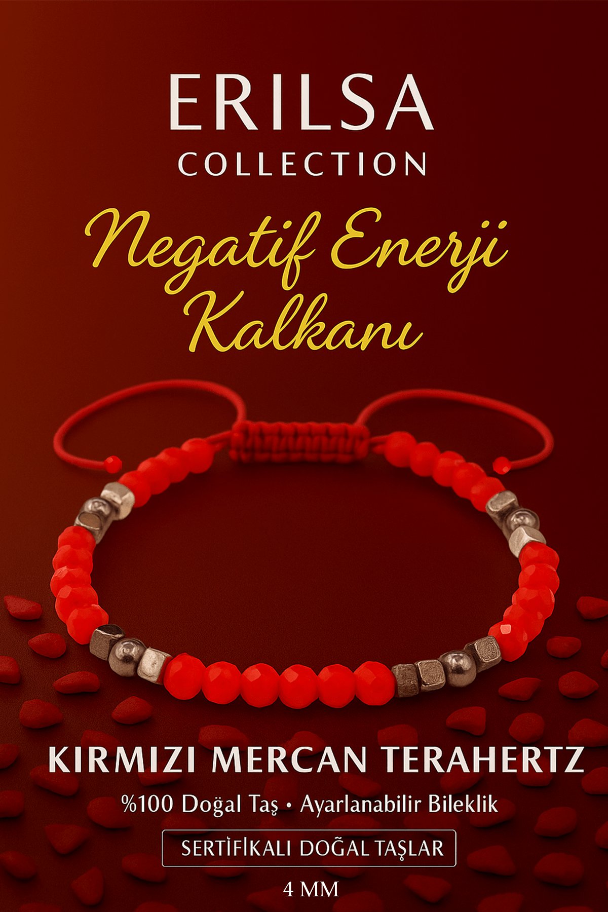 Sertifikalı Negatif Enerji Kalkanı Bilekliği – Kırmızı Mercan Terahertz Doğal Taş İnce Model