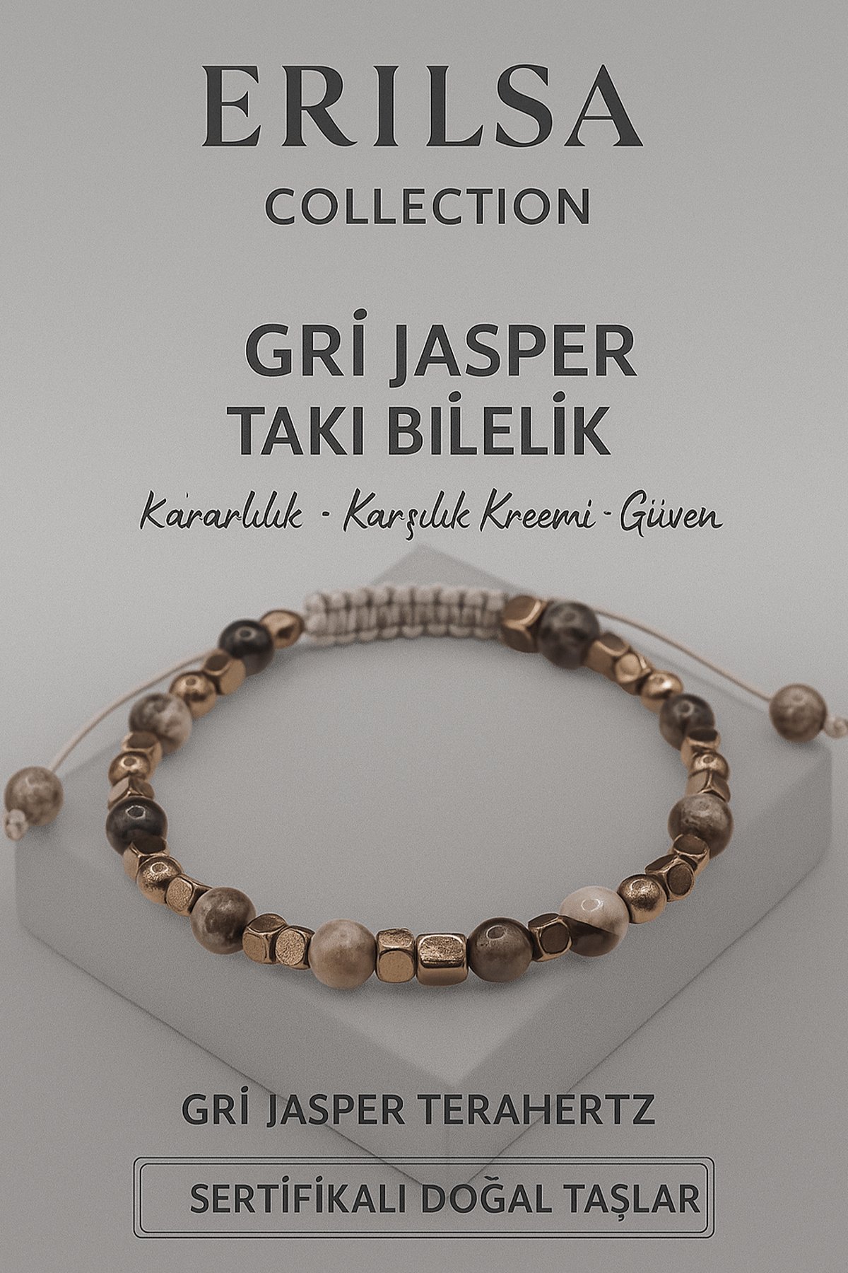 Sertifikalı Terahertz Gri Jasper Doğal Taş Bileklik - Güven Denge Kararlılık Enerji Taşı