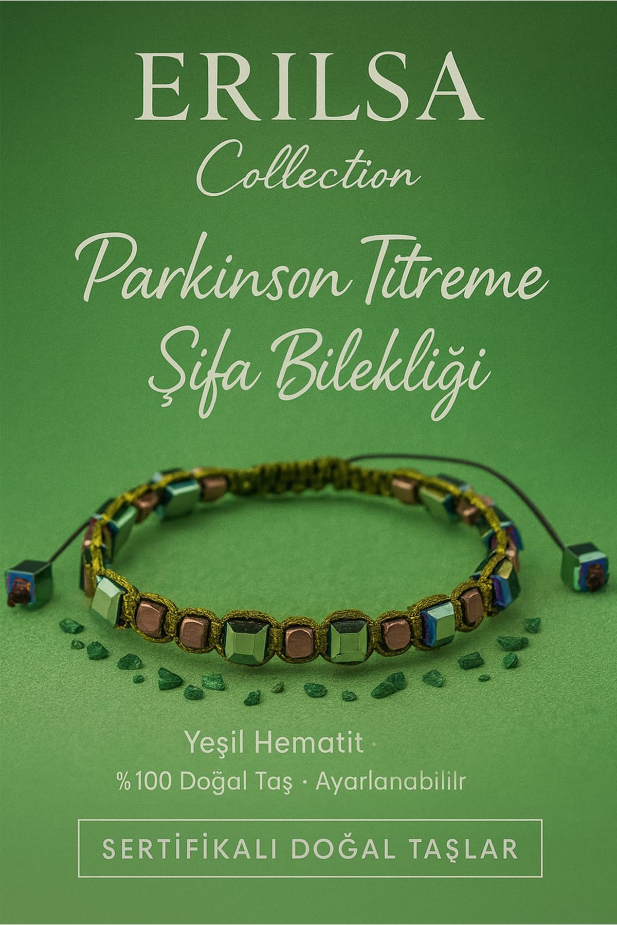 Sertifikalı Parkinson Titreme Destek Frekansı Bilekliği – Yeşil Hematit Doğal Taş 8 mm