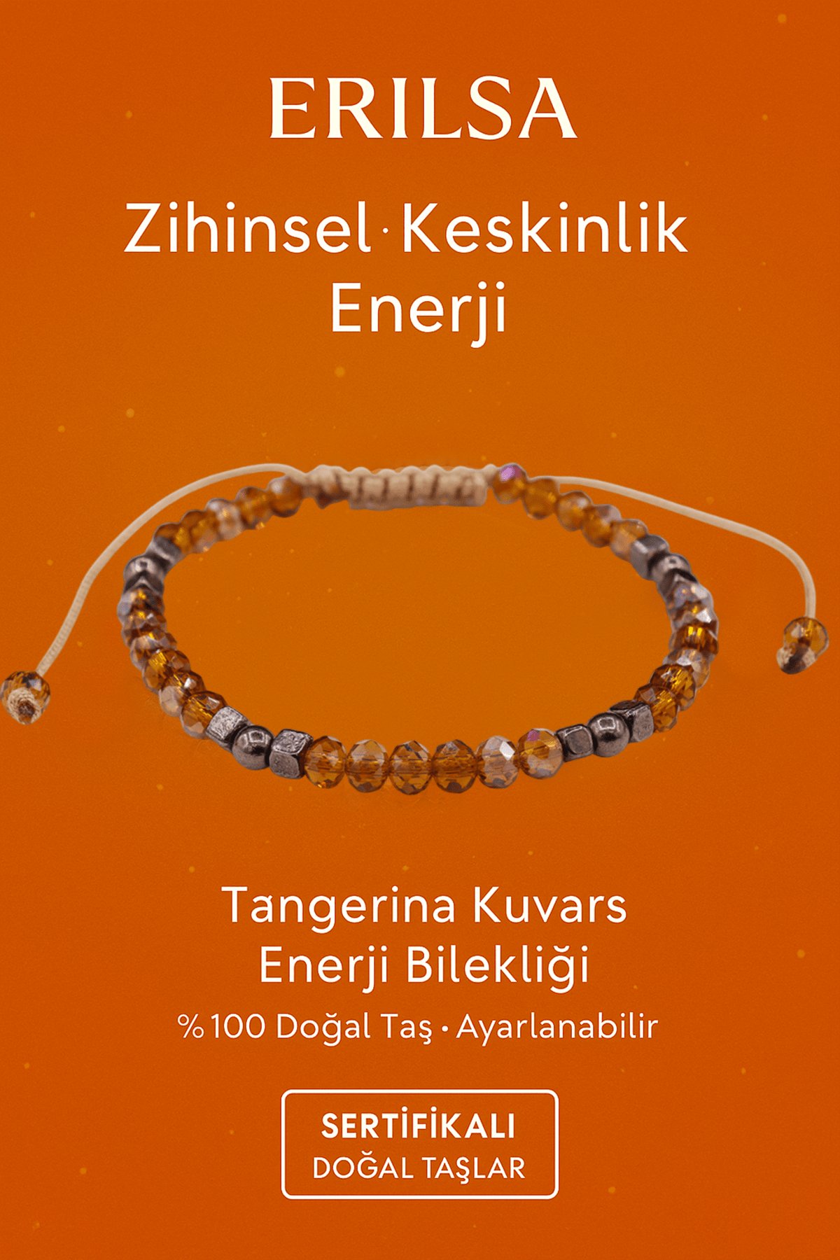 Sertifikalı Zihinsel Keskinlik Aktivasyon Bilekliği – Tangerina Kuvars ve Terahertz Doğal Taşı 4 mm