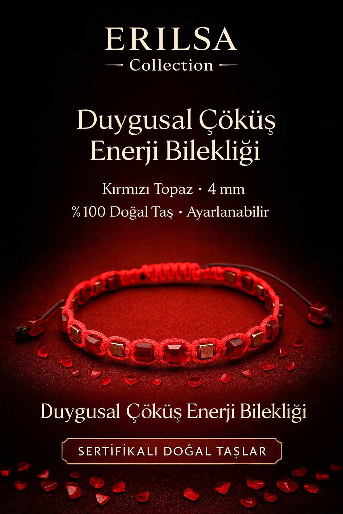 Sertifikalı Duygusal Çöküş Enerji Bilekliği – Kırmızı Topaz Doğal Taş 4 mm Ayarlanabilir