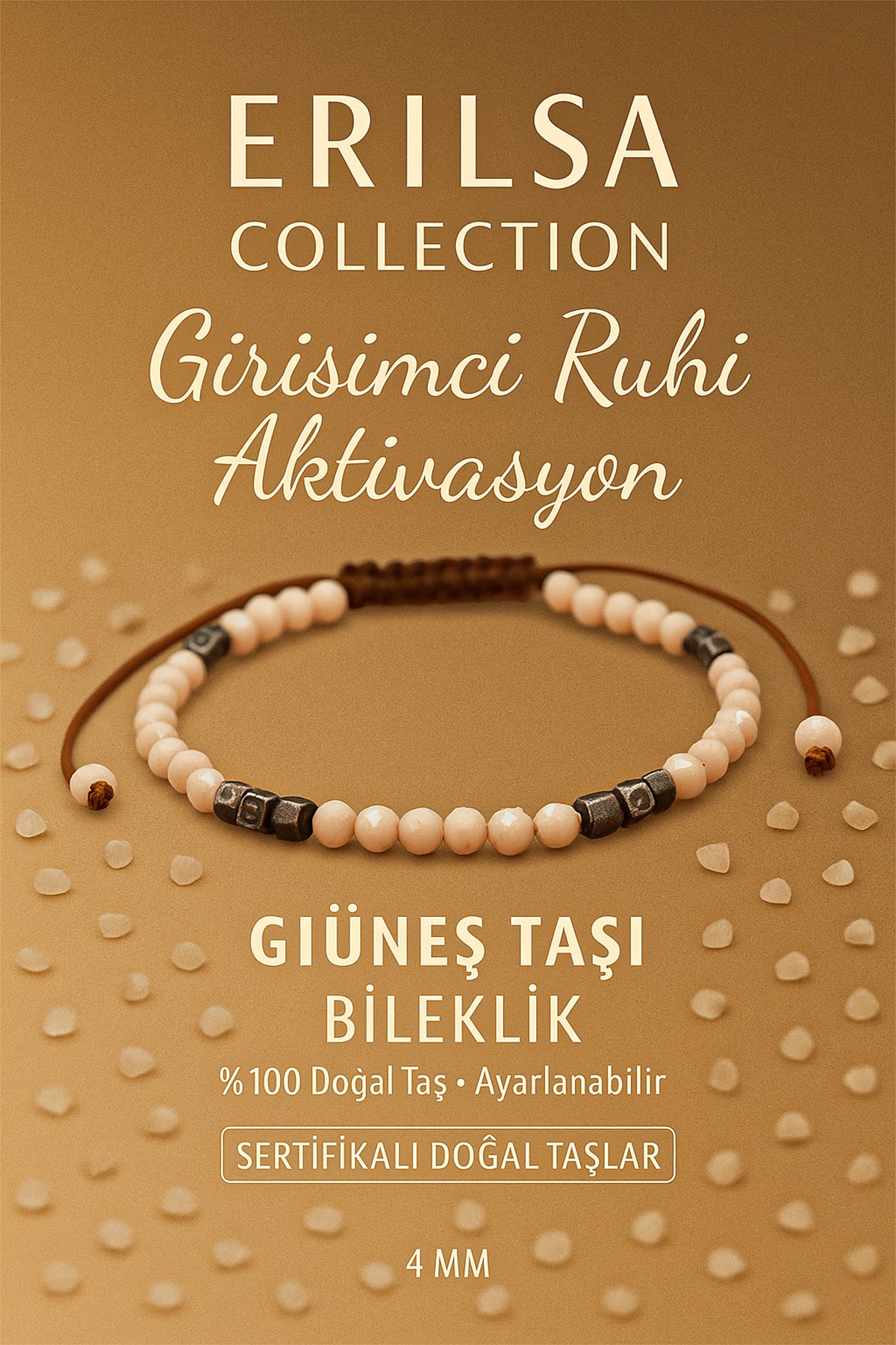 Sertifikalı Girişimci Ruhi Aktivasyon Bilekliği - Güneş Taşı ve Terahertz Doğal Taş 4 mm