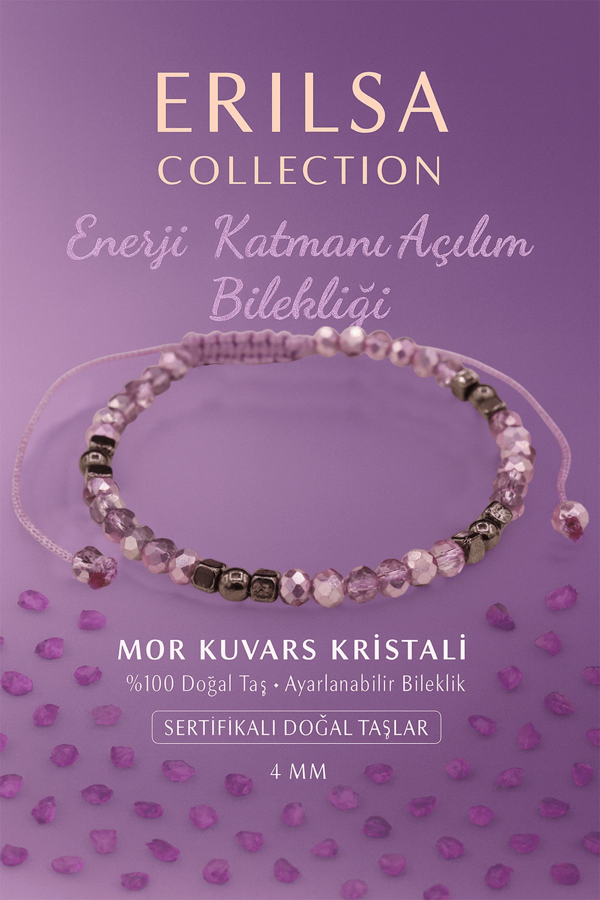 Sertifikalı Enerji Katmanı Açılım Aktivasyon Bilekliği – Mor Kuvars Kristali ve Terahertz Doğal Taş