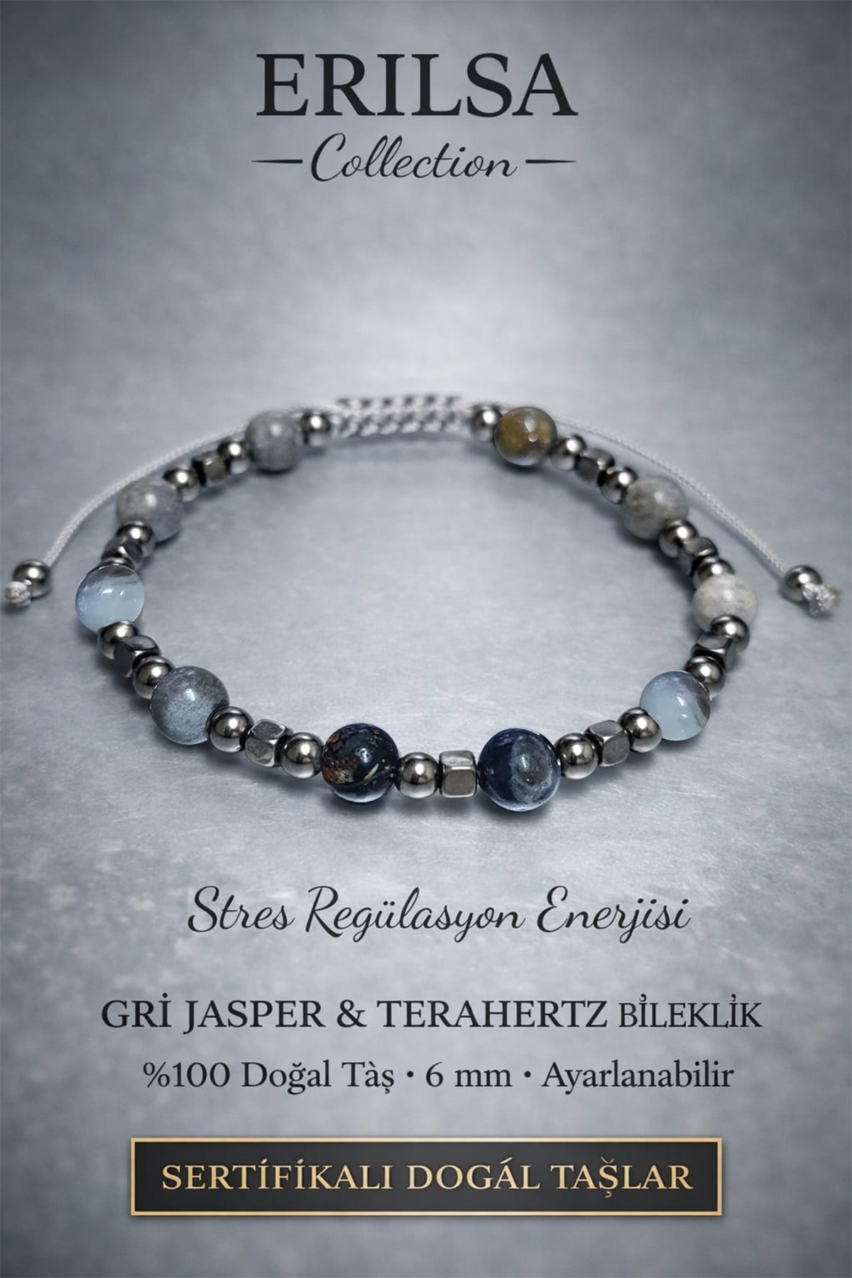 Sertifikalı Stres Regülasyon Enerjisi Dengeleyici Bileklik – Gri Jasper Terahertz Doğaltaş
