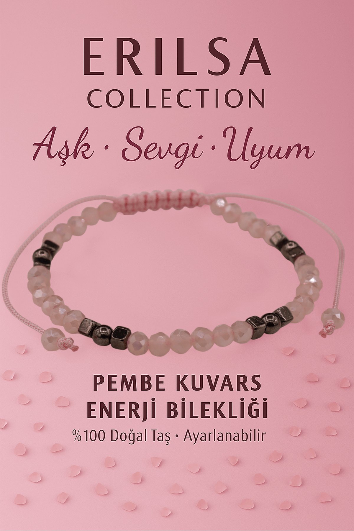 Sertifikalı Aşk Sevgi Uyum Enerji Bilekliği - Pembe Kuvars ve Terahertz Doğal Taş 4 mm