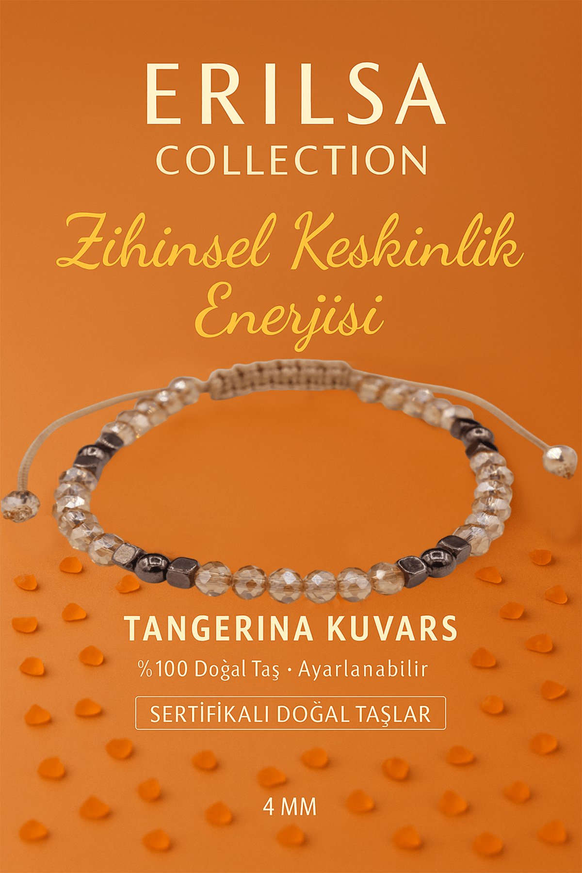 Sertifikalı Zihinsel Keskinlik Enerjisi Bilekliği – Tangerina Kuvars ve Terahertz Doğal Taş 4 mm