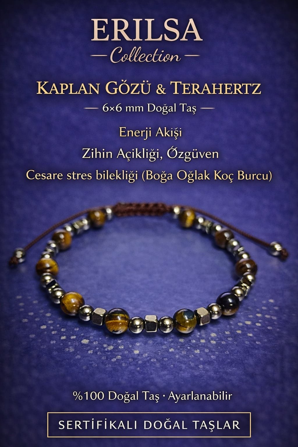 Sertifikalı Zihin Açıklığı Özgüven Cesaret Stres Bilekliği - Kaplangözü Terahertz Doğal Taş 6mm