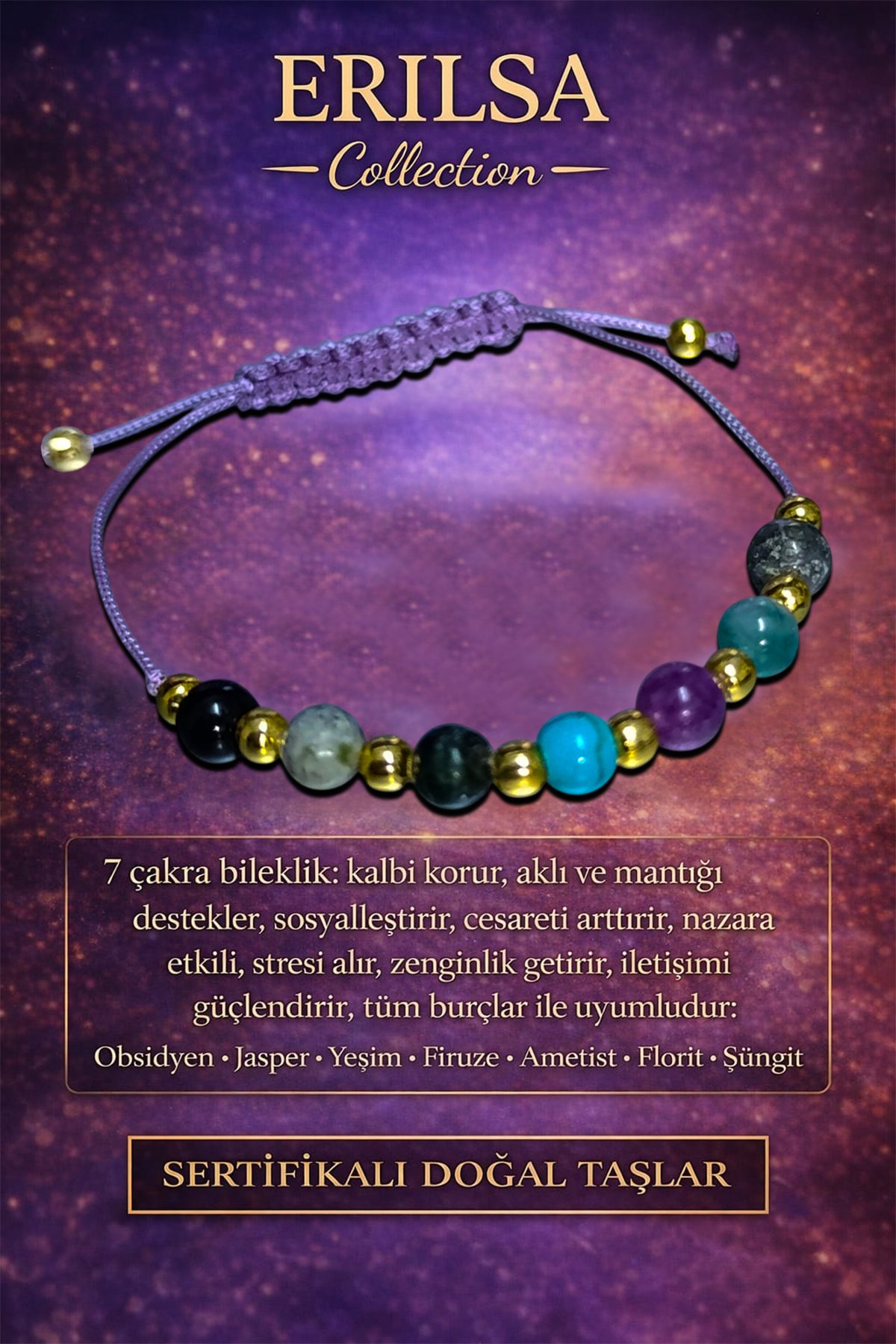 Sertifikalı 7 Çakra Denge Ve Enerji Uyum Bilekliği – Doğal Taş Şifa Serisi - Lila Renk