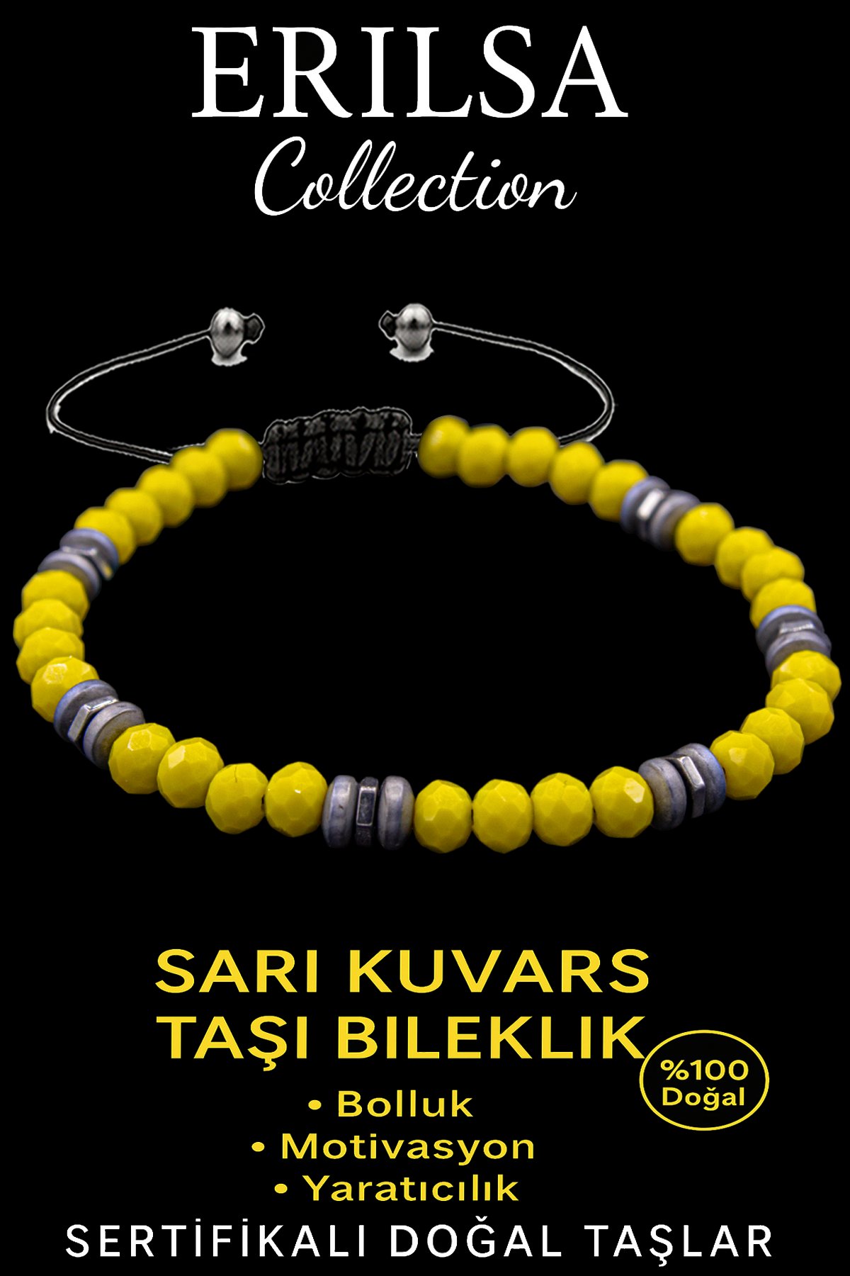 Sertifikalı Fasetli AAA+ Terahertz ve Sarı Kuvars Taşı Bileklik – İnce Model Neşe ve Enerji