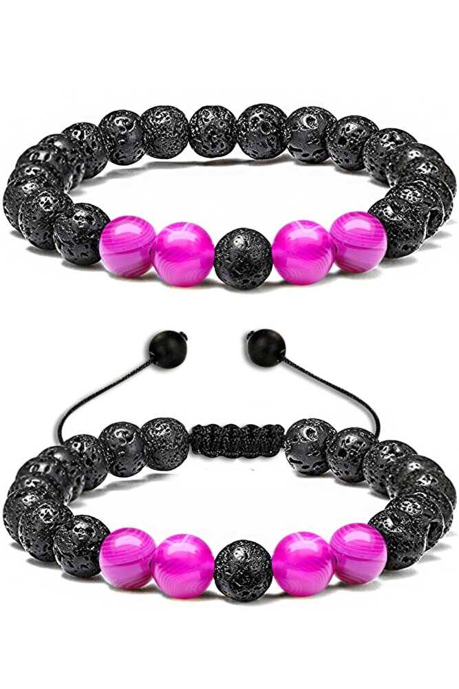 Sertifikalı Doğal Pembe Akik Lav Taşı Doğal Taş Bileklik Seti