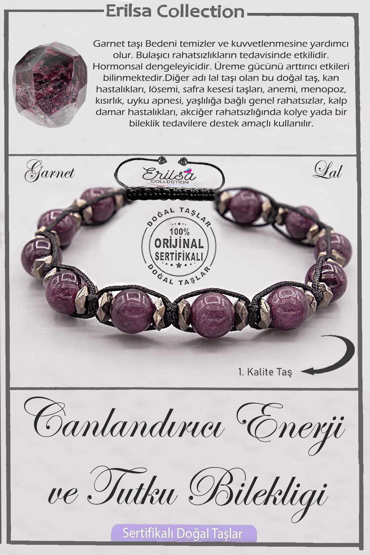 Sertifikalı AAA+ Kalite Doğal Lal Garnet Canlandırma Enerji Tutku Bilekliği