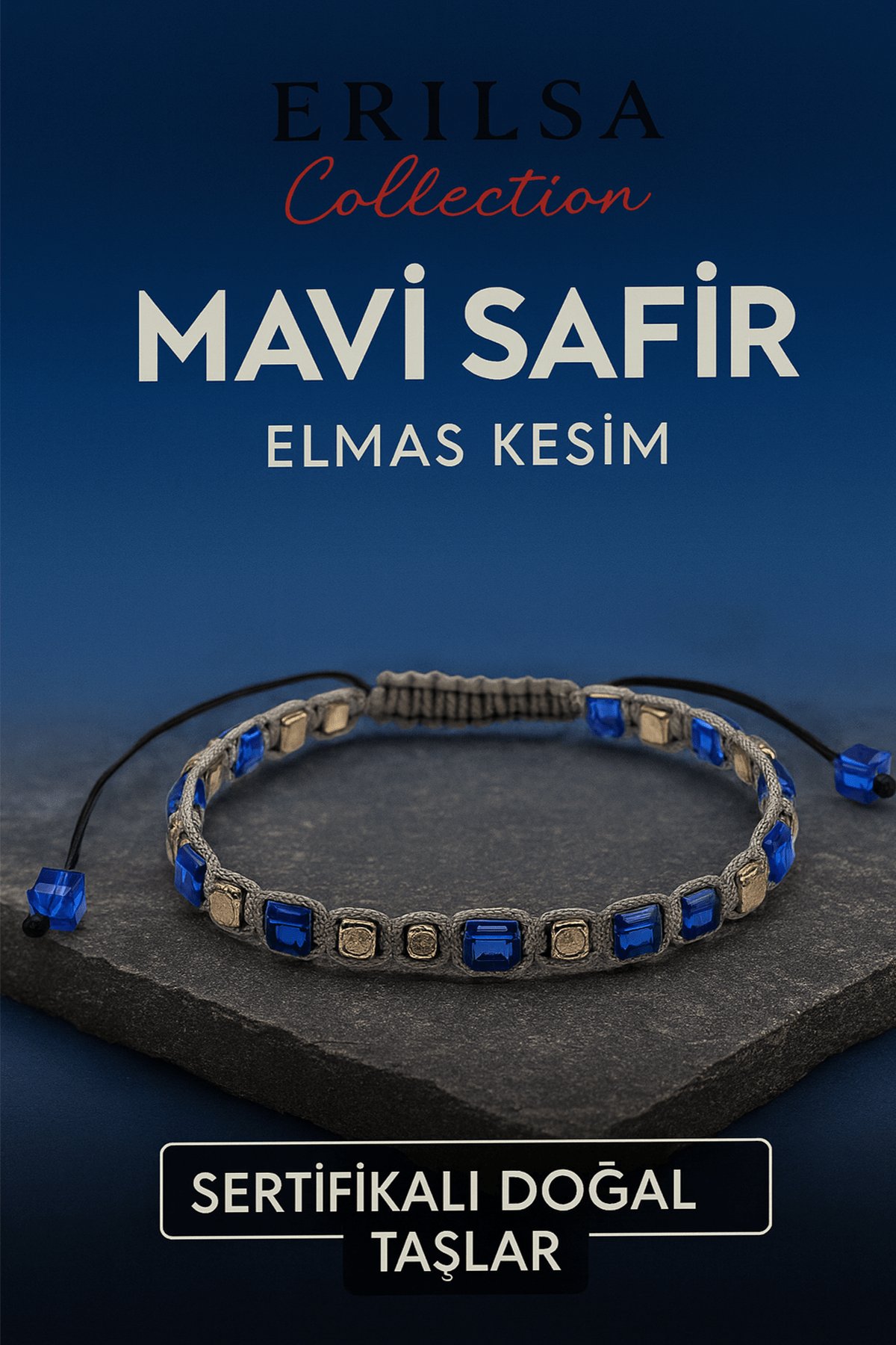 Sertifikalı Küp Kesim Terahertz Mavi Safir Doğal Taş Bileklik – İnce Model 5mm