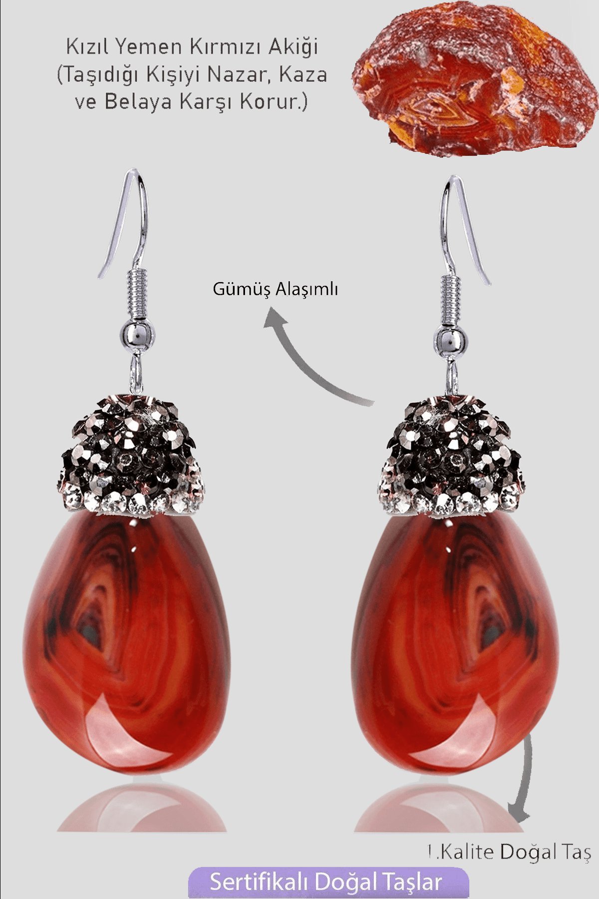 Sertifikalı Zirkon Taşlı Model Ham Yemen Kızıl Akik Taşı Küpe
