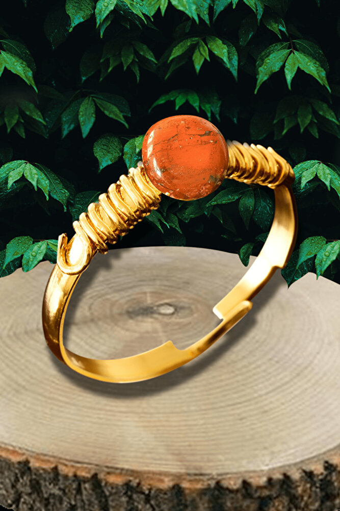 Sertifikalı Kırık Taşlı Gold Model Kırmızı Jasper Taşı Yüzük - Ayarlamalı