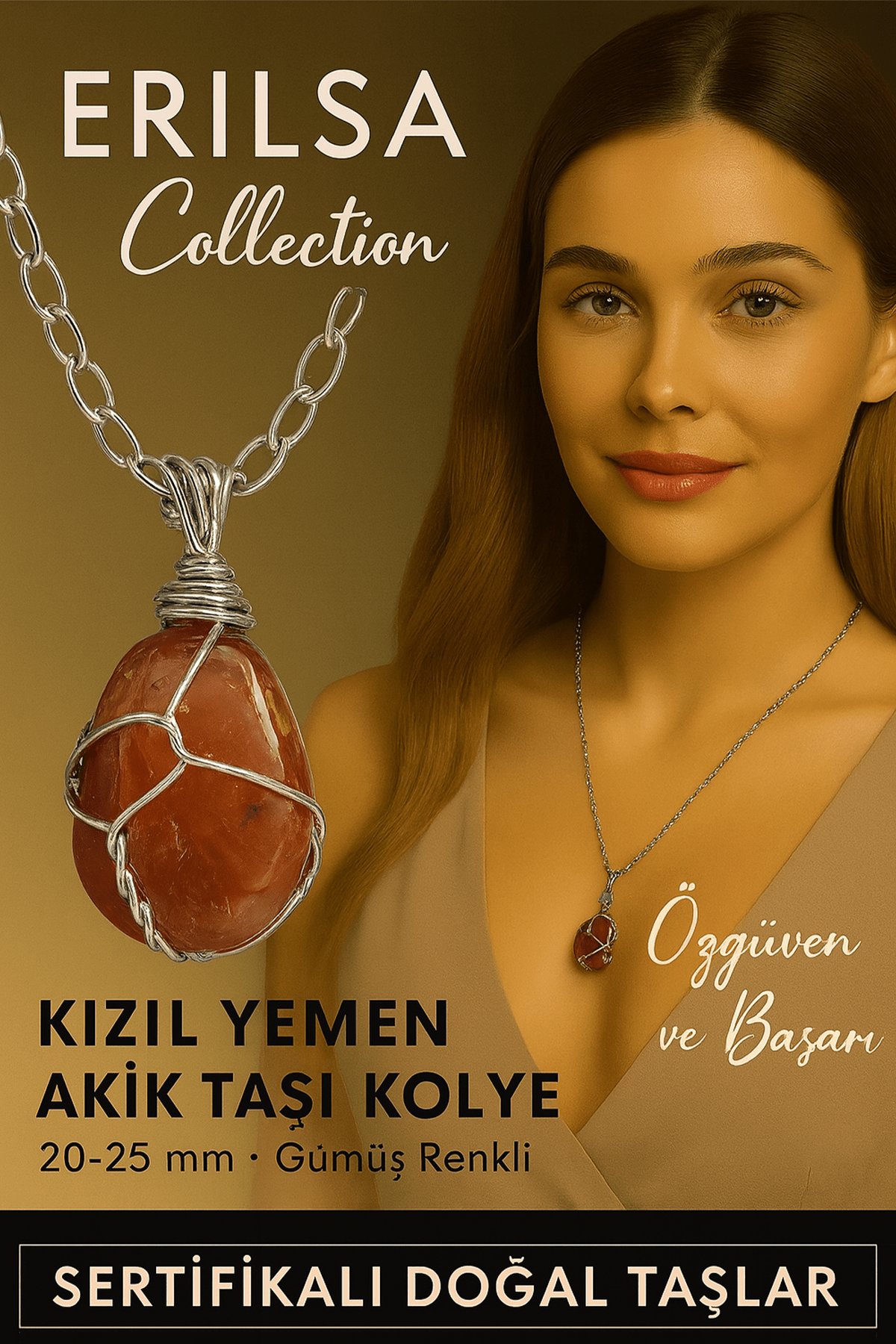 Sertifikalı Gümüş Tel Sargılı Doğal Kızıl Yemen Akik Taşı Kolye – 20-25 mm Koruma ve Denge Taşı