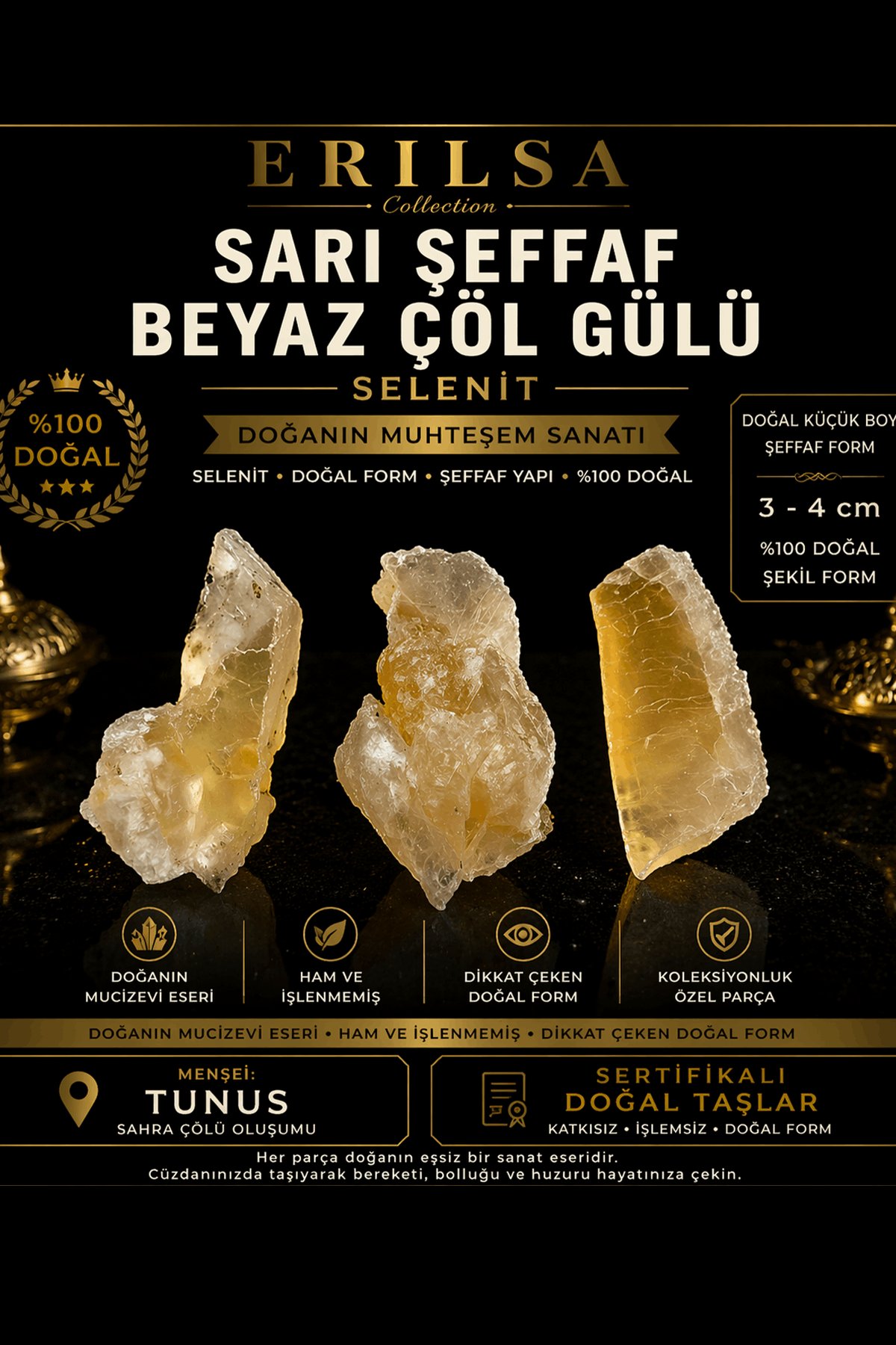 Sertifikalı Sarı Şeffaf Beyaz Çöl Gülü Selenit Taşı 3-4 cm Doğal Kristal Ham Koleksiyonluk
