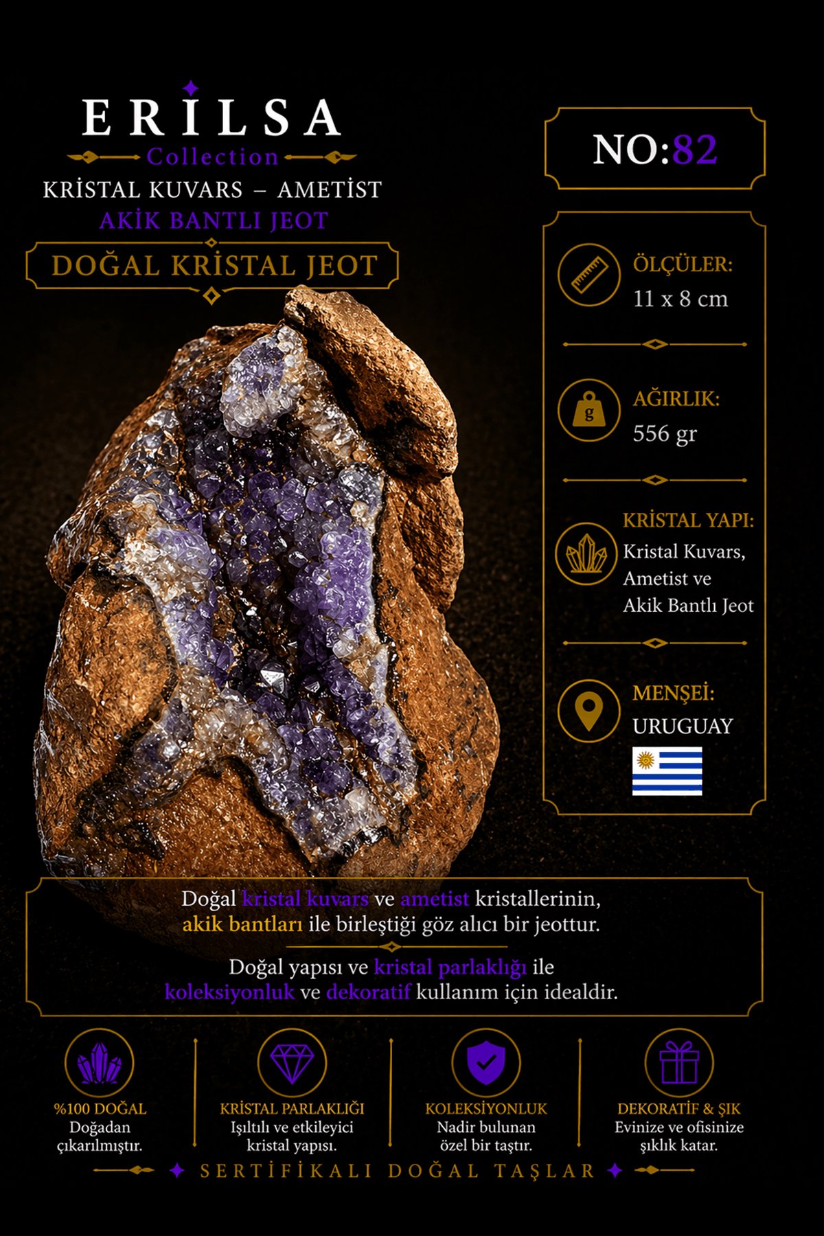 Sertifikalı Doğal Ametist Jeodu Akik Bantlı Kristal Kuvars Büyük Boy Uruguay NO82