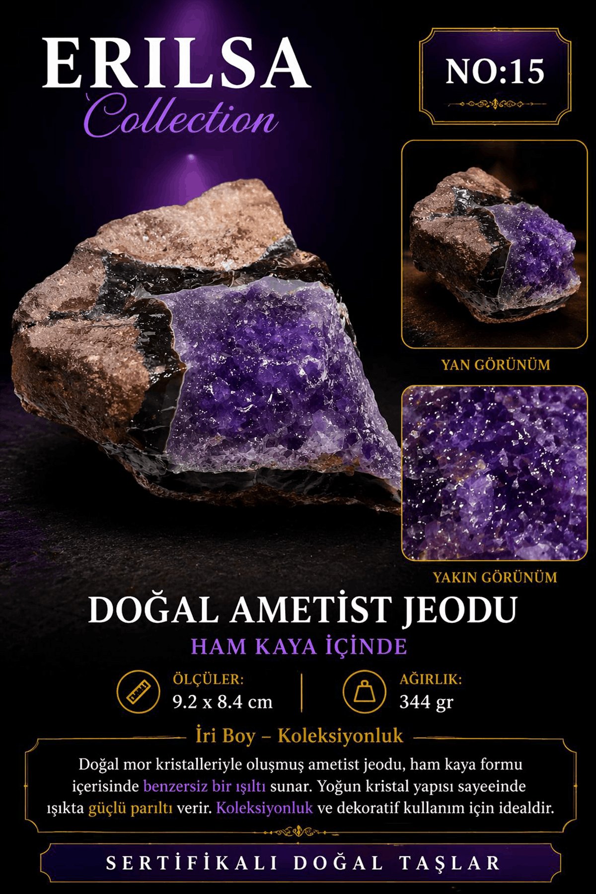 Sertifikalı Doğal Ametist Jeodu Taşı Kütle İri Boy Ham Kaya Kristalli Koleksiyonluk Dekor