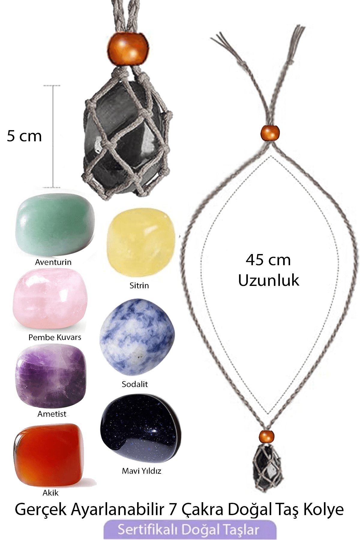 Sertifikalı Şifa Kolye Seti Makrome Örgülü 7 Çakra  Doğal Taş Kolye Ayarlanabilir - Gri